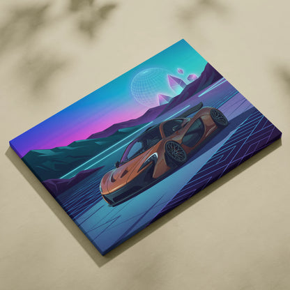 McLaren P1 Inspired Orange Purple Canvas Wall Art, Neon Vaporwave Hypercar Artwork for Futuristic Garage Decor