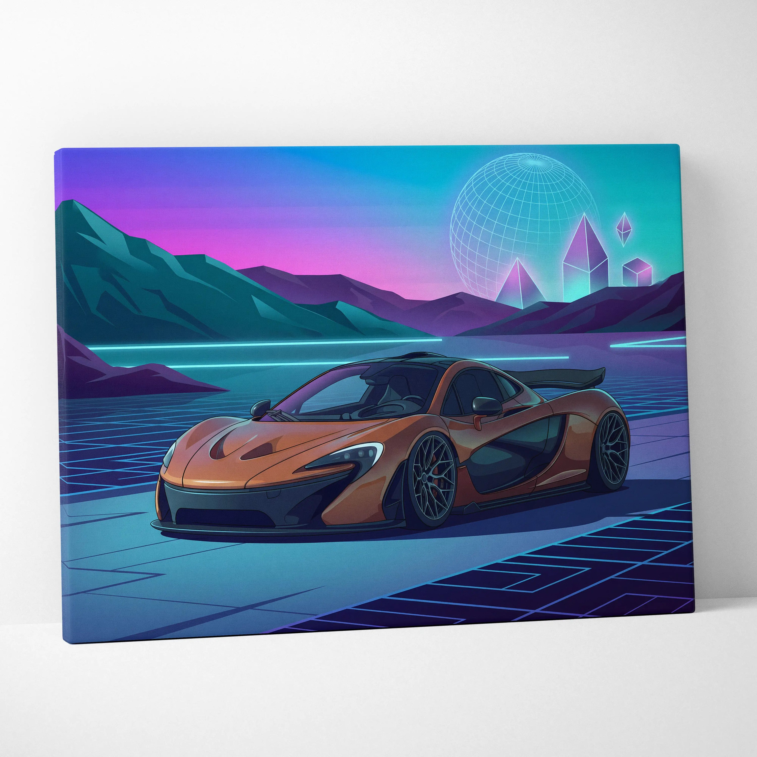 McLaren P1 Inspired Orange Purple Canvas Wall Art, Neon Vaporwave Hypercar Artwork for Futuristic Garage Decor