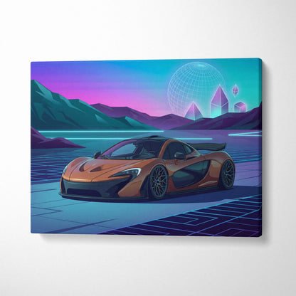 McLaren P1 Inspired Orange Purple Canvas Wall Art, Neon Vaporwave Hypercar Artwork for Futuristic Garage Decor