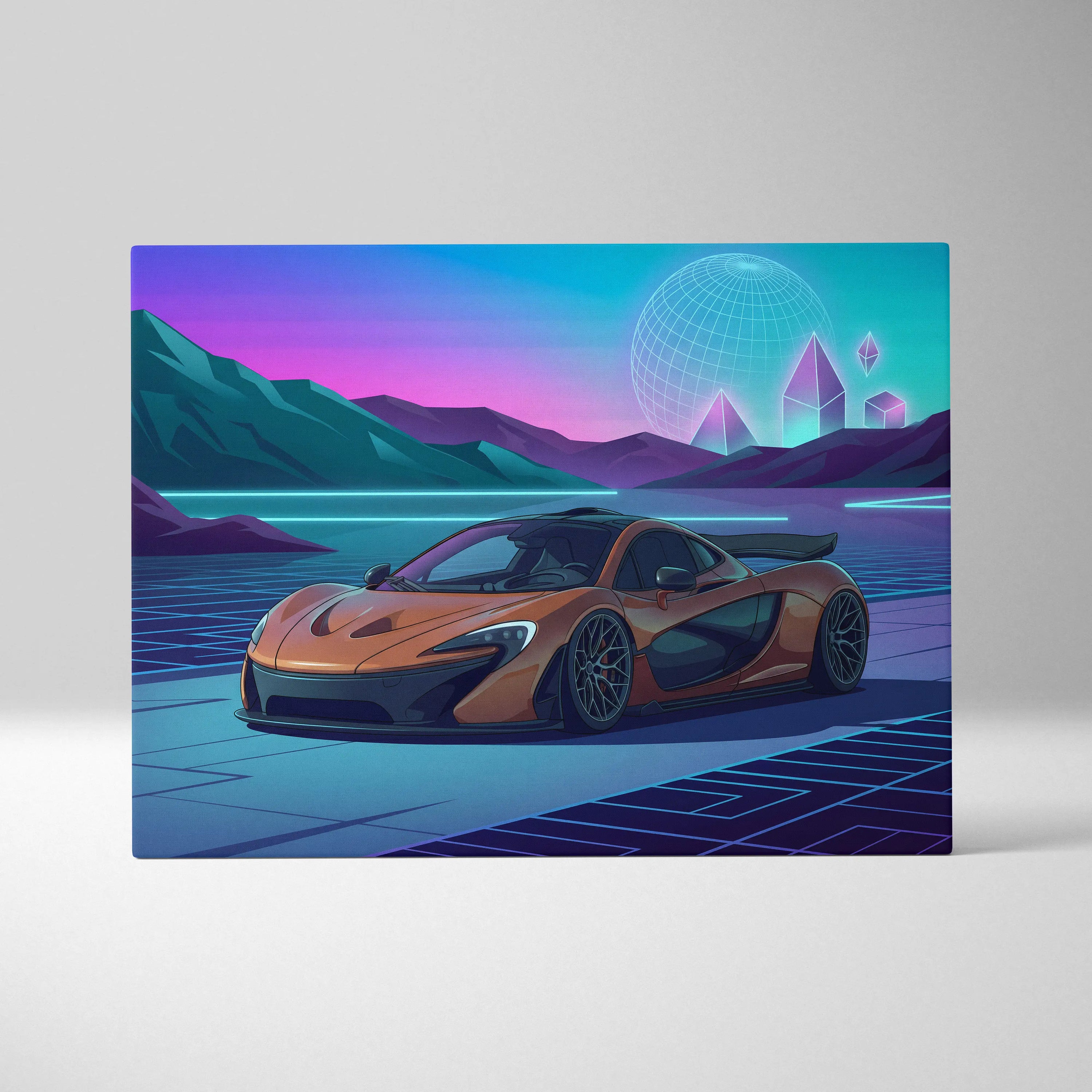 McLaren P1 Inspired Orange Purple Canvas Wall Art, Neon Vaporwave Hypercar Artwork for Futuristic Garage Decor