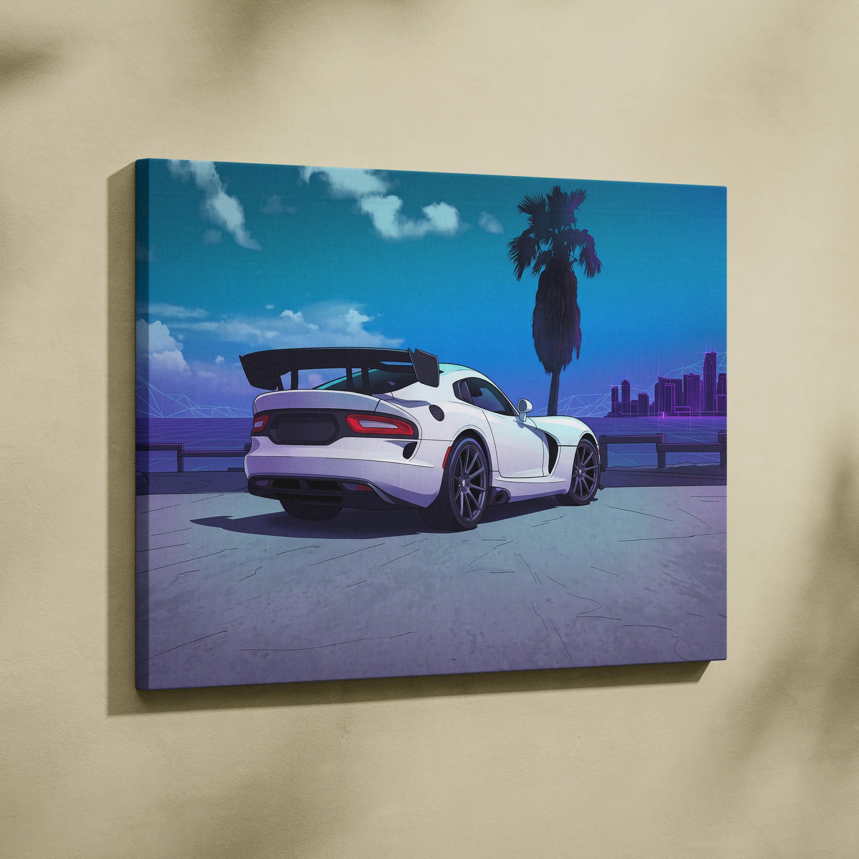 Dodge Viper ACR Inspired White Blue Canvas Wall Art, Vaporwave Track Car Artwork, Neon Palm Garage Decor, Retro Futuristic Motorsport Print