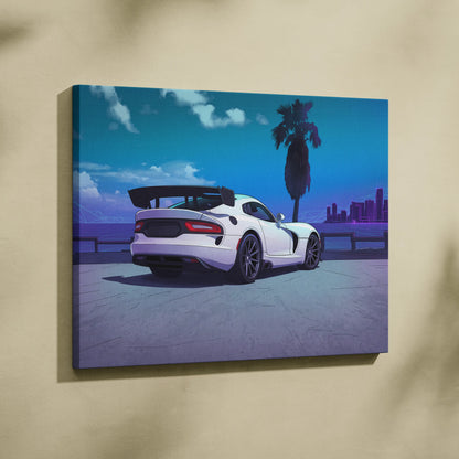 Dodge Viper ACR Inspired White Blue Canvas Wall Art, Vaporwave Track Car Artwork, Neon Palm Garage Decor, Retro Futuristic Motorsport Print