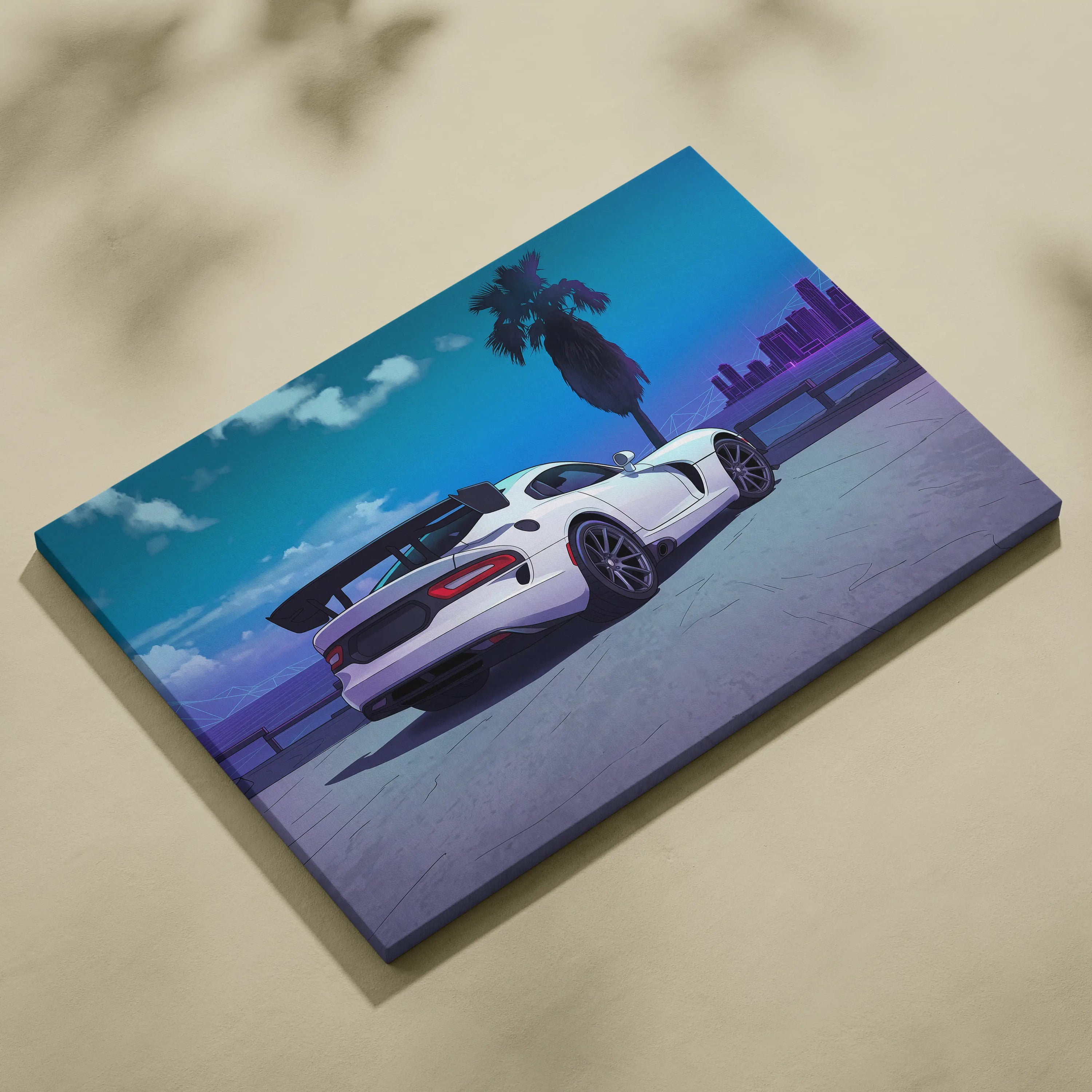 Dodge Viper ACR Inspired White Blue Canvas Wall Art, Vaporwave Track Car Artwork, Neon Palm Garage Decor, Retro Futuristic Motorsport Print