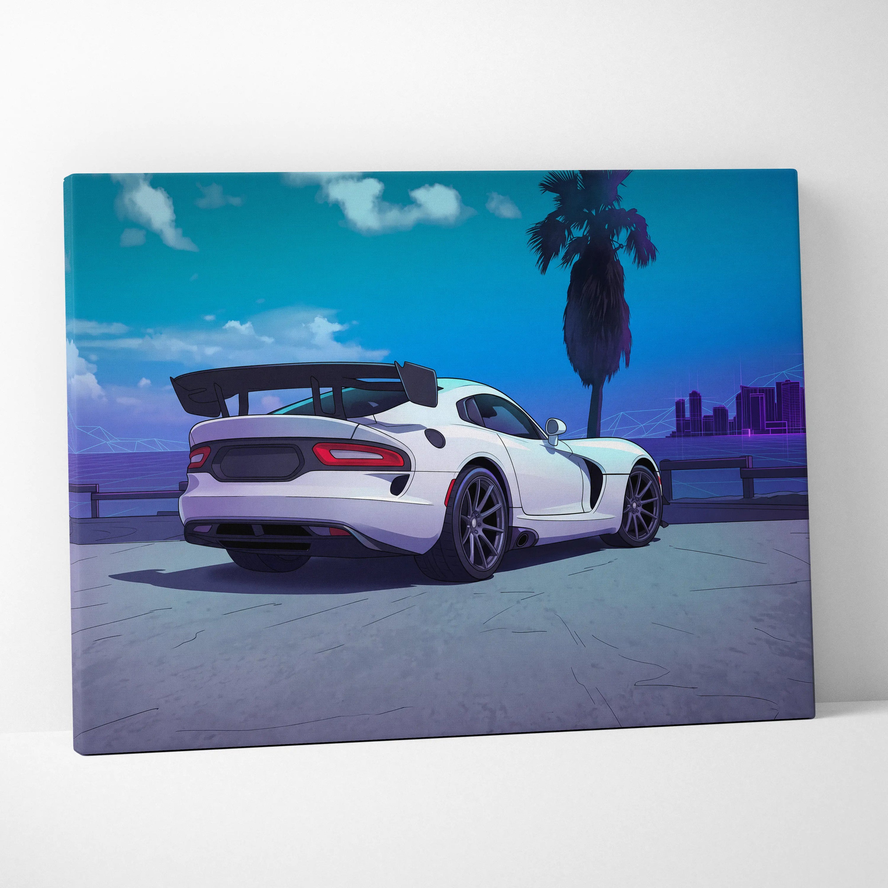Dodge Viper ACR Inspired White Blue Canvas Wall Art, Vaporwave Track Car Artwork, Neon Palm Garage Decor, Retro Futuristic Motorsport Print