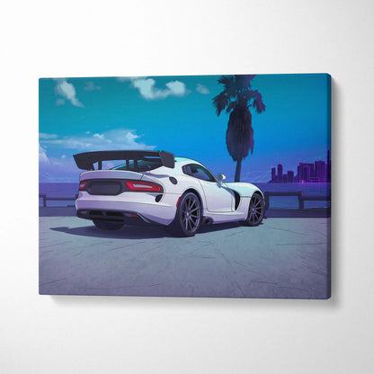 Dodge Viper ACR Inspired White Blue Canvas Wall Art, Vaporwave Track Car Artwork, Neon Palm Garage Decor, Retro Futuristic Motorsport Print