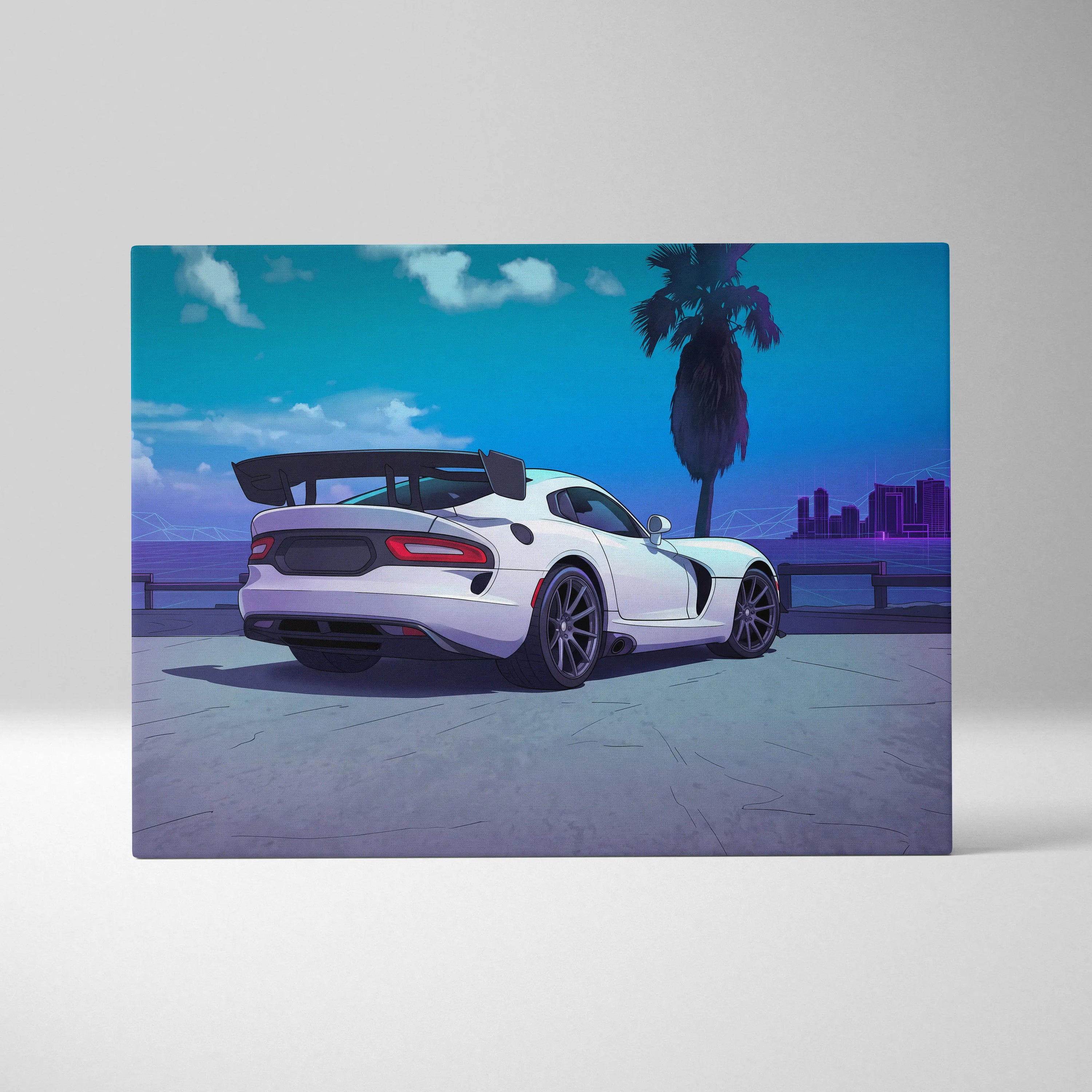Dodge Viper ACR Inspired White Blue Canvas Wall Art, Vaporwave Track Car Artwork, Neon Palm Garage Decor, Retro Futuristic Motorsport Print