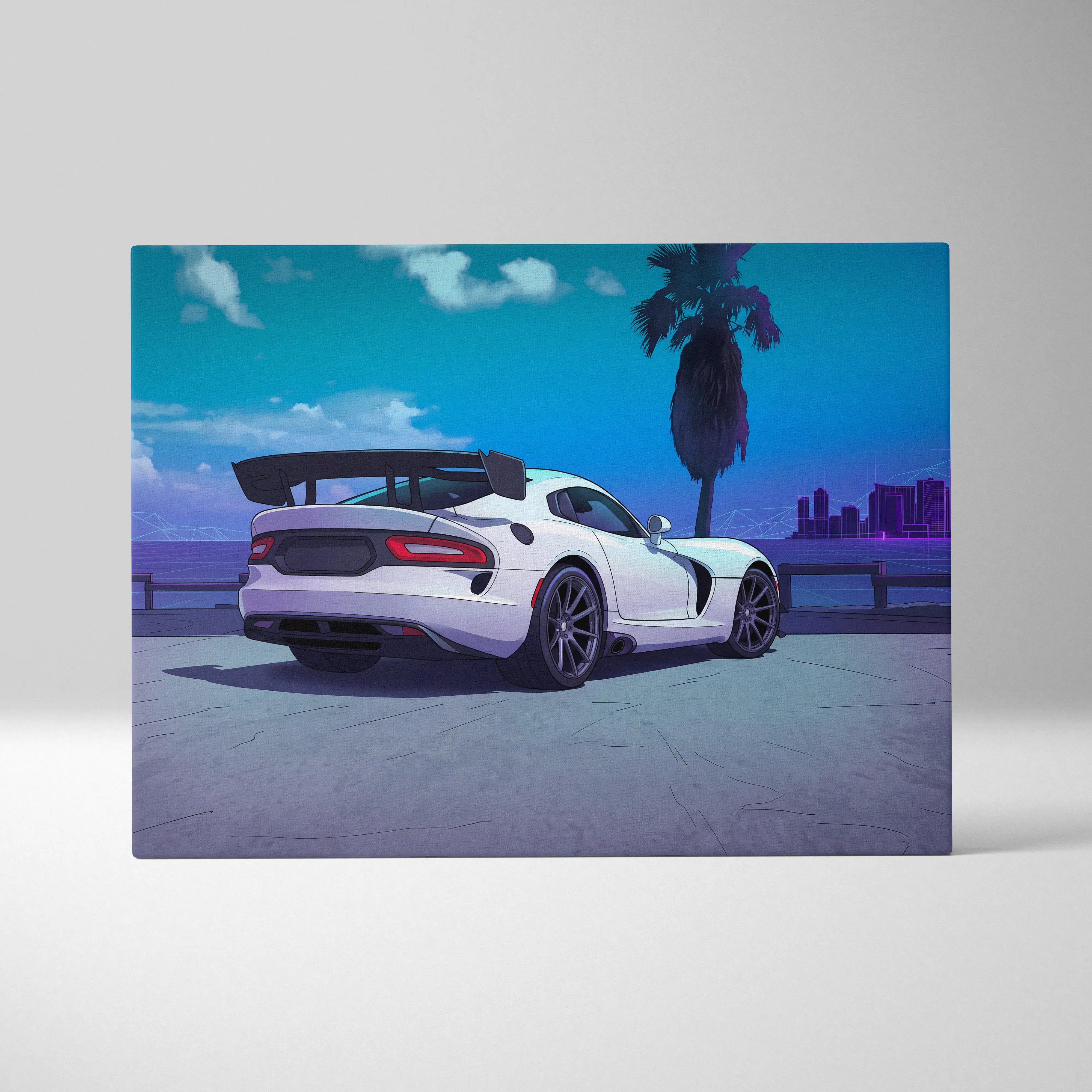 Dodge viper acr inspired white sports car with black spoiler and rims in neon palm vaporwave canvas wall art