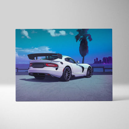 Dodge Viper ACR Inspired White Blue Canvas Wall Art, Vaporwave Track Car Artwork, Neon Palm Garage Decor, Retro Futuristic Motorsport Print