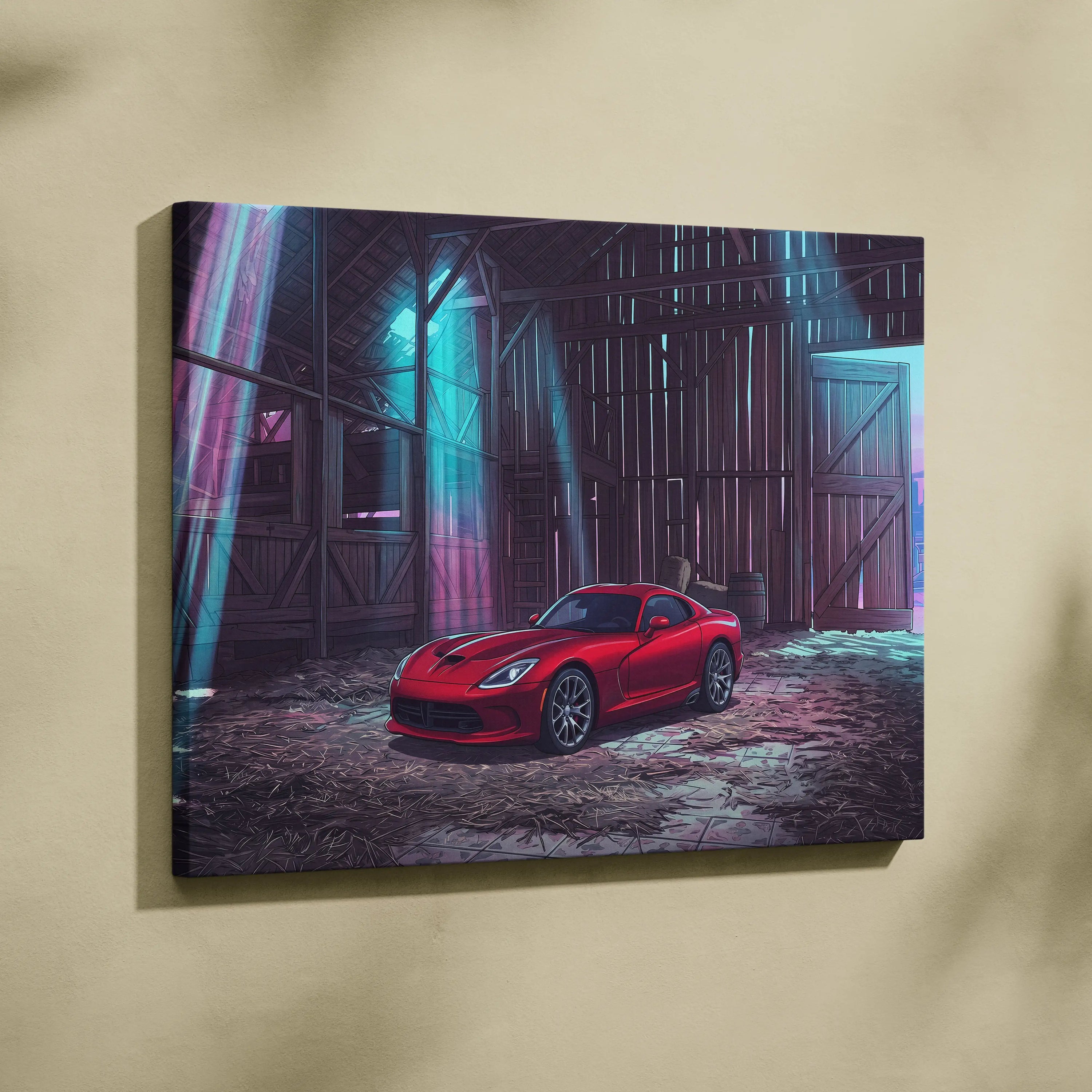Dodge Viper Inspired Red Teal Canvas Wall Art, Vaporwave Sports Car Artwork, Neon Barn Garage Decor, Retro Futuristic Muscle Car Print