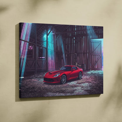 Dodge Viper Inspired Red Teal Canvas Wall Art, Vaporwave Sports Car Artwork, Neon Barn Garage Decor, Retro Futuristic Muscle Car Print