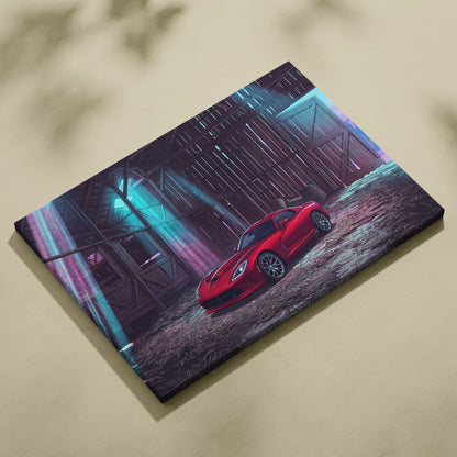 Dodge Viper Inspired Red Teal Canvas Wall Art, Vaporwave Sports Car Artwork, Neon Barn Garage Decor, Retro Futuristic Muscle Car Print