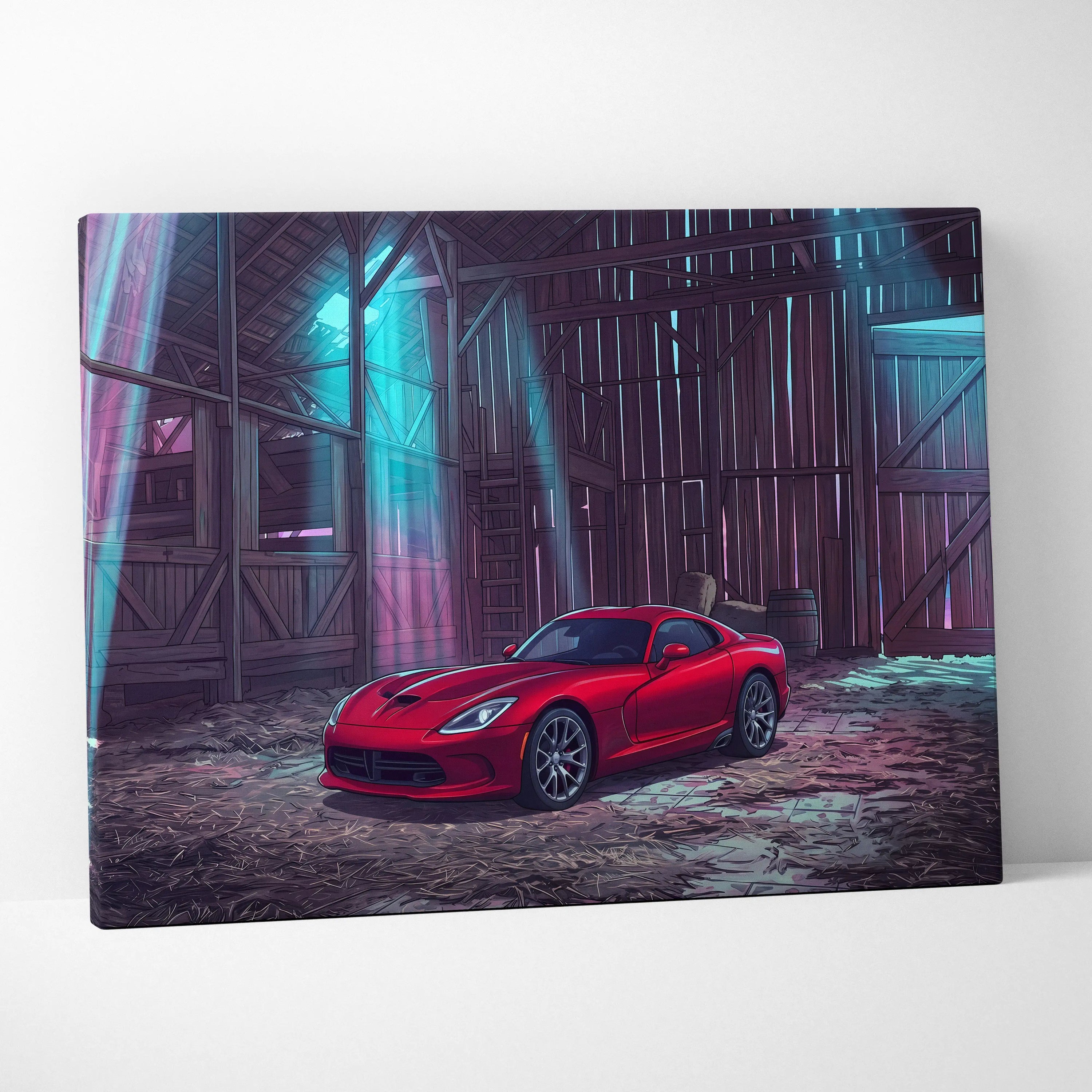 Dodge Viper Inspired Red Teal Canvas Wall Art, Vaporwave Sports Car Artwork, Neon Barn Garage Decor, Retro Futuristic Muscle Car Print