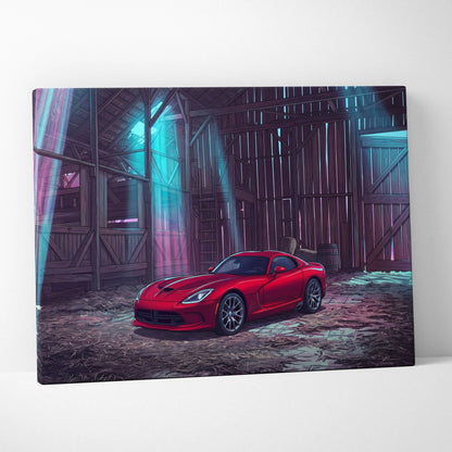 Dodge Viper Inspired Red Teal Canvas Wall Art, Vaporwave Sports Car Artwork, Neon Barn Garage Decor, Retro Futuristic Muscle Car Print