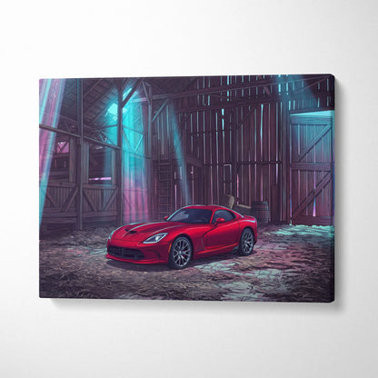 Dodge Viper Inspired Red Teal Canvas Wall Art, Vaporwave Sports Car Artwork, Neon Barn Garage Decor, Retro Futuristic Muscle Car Print