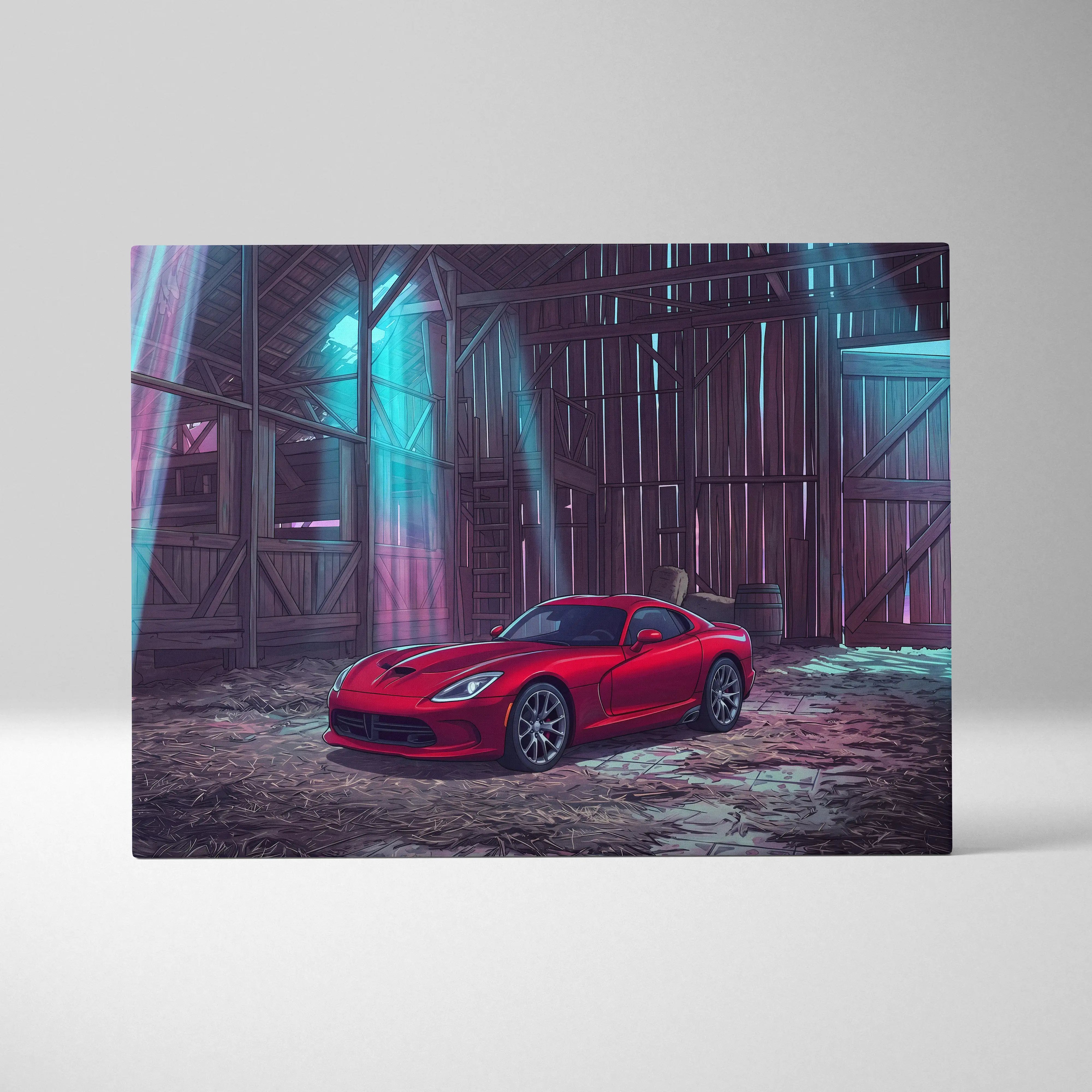 Dodge viper inspired red sports car stylized illustration on teal canvas wall art for retro garage decor