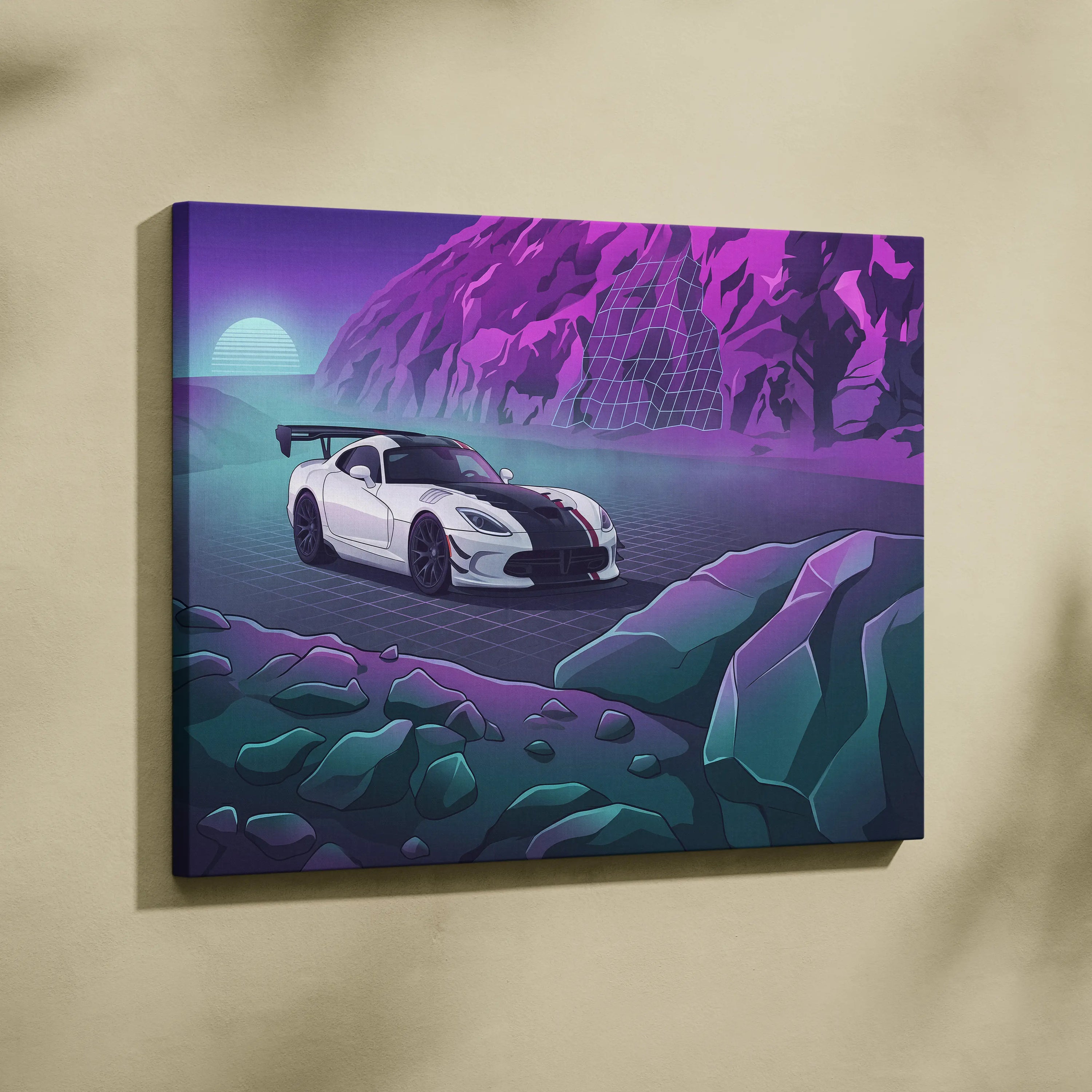Dodge Viper ACR Inspired White Purple Canvas Wall Art, Vaporwave Track Car Artwork, Neon Mountain Garage Decor, Retro Futuristic Motorsport Print