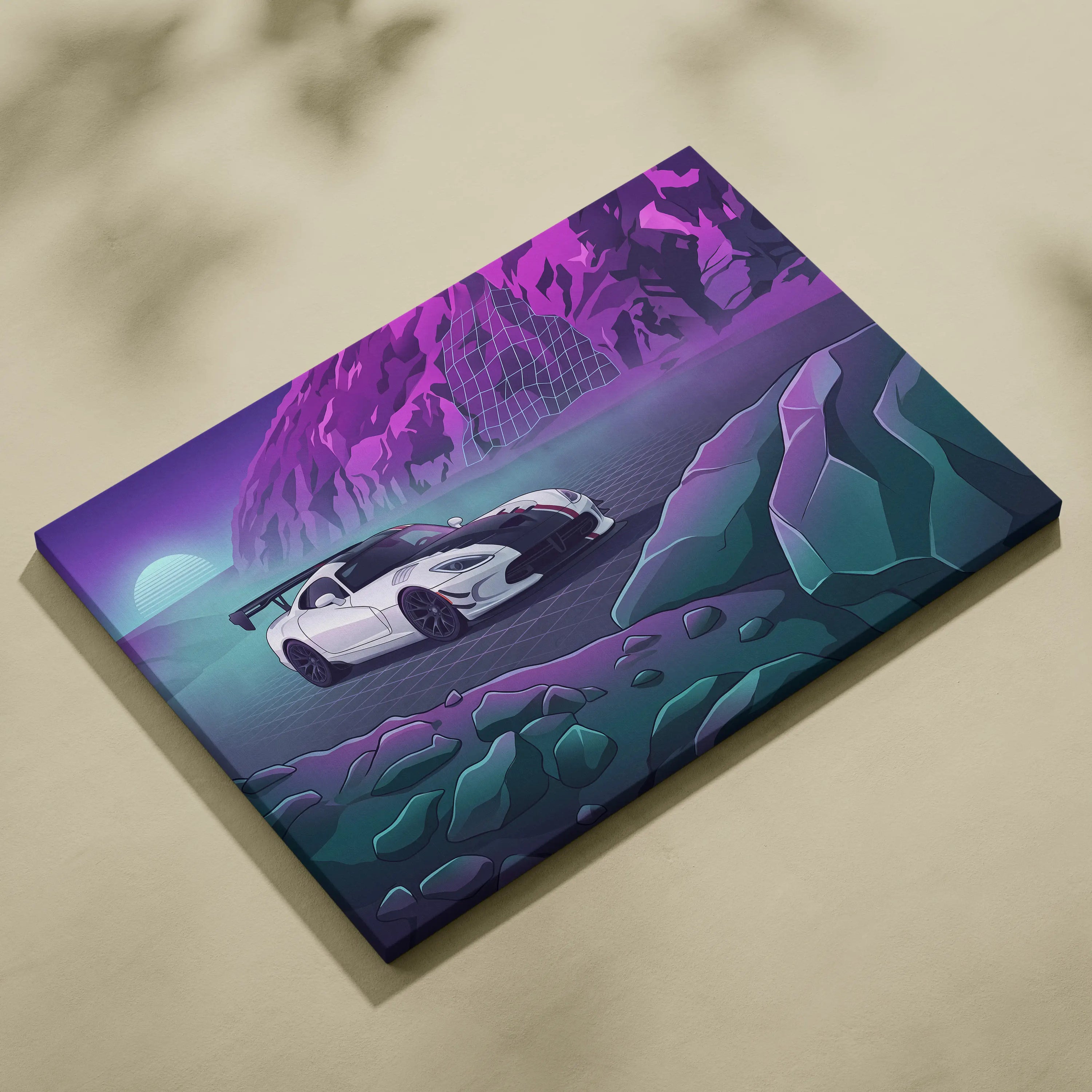 Dodge Viper ACR Inspired White Purple Canvas Wall Art, Vaporwave Track Car Artwork, Neon Mountain Garage Decor, Retro Futuristic Motorsport Print