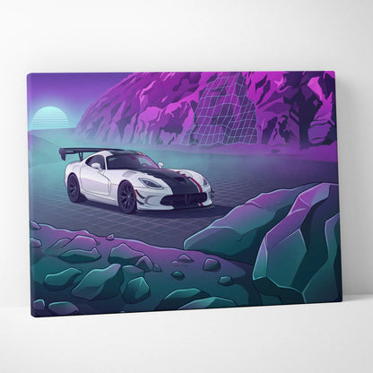Dodge Viper ACR Inspired White Purple Canvas Wall Art, Vaporwave Track Car Artwork, Neon Mountain Garage Decor, Retro Futuristic Motorsport Print