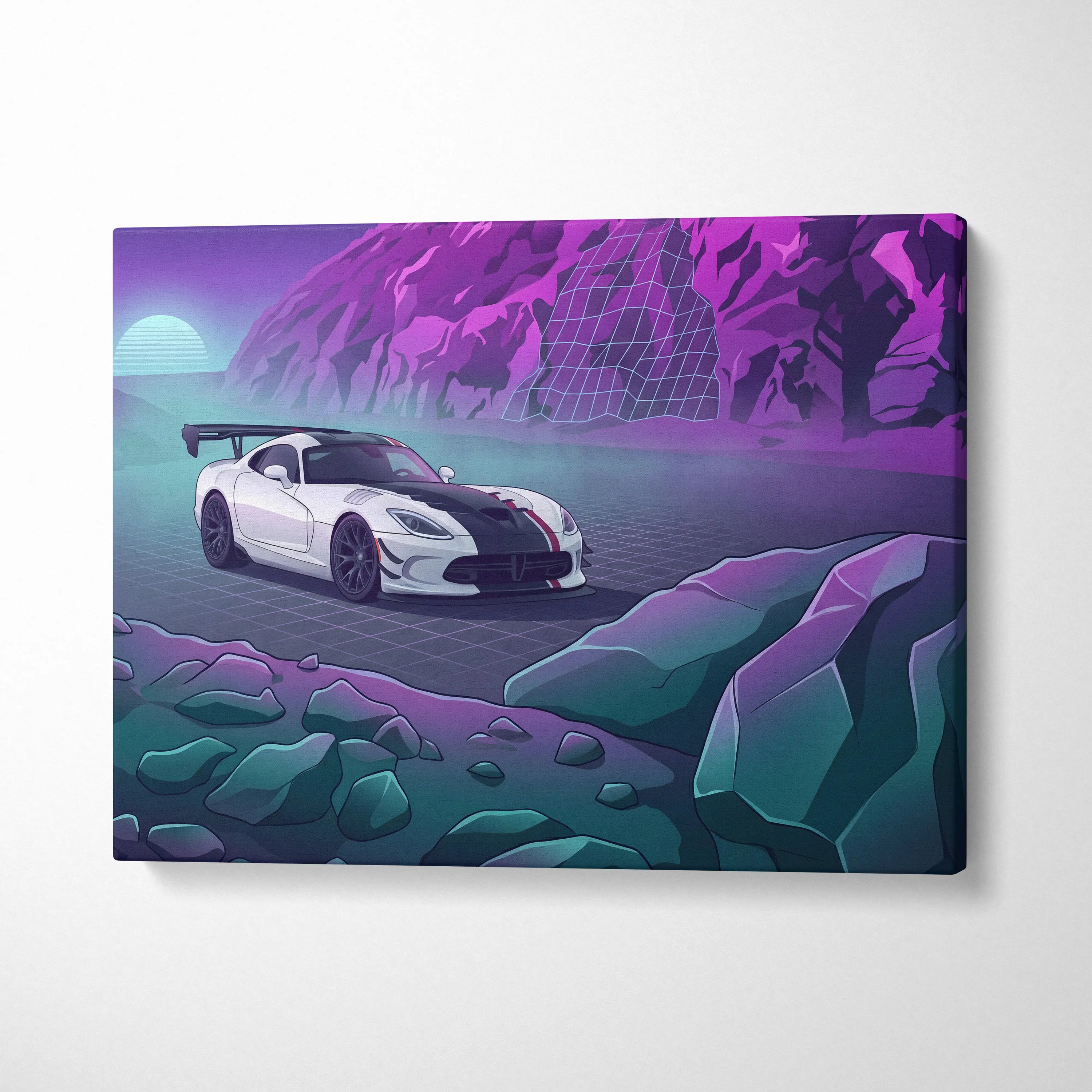 Dodge Viper ACR Inspired White Purple Canvas Wall Art, Vaporwave Track Car Artwork, Neon Mountain Garage Decor, Retro Futuristic Motorsport Print