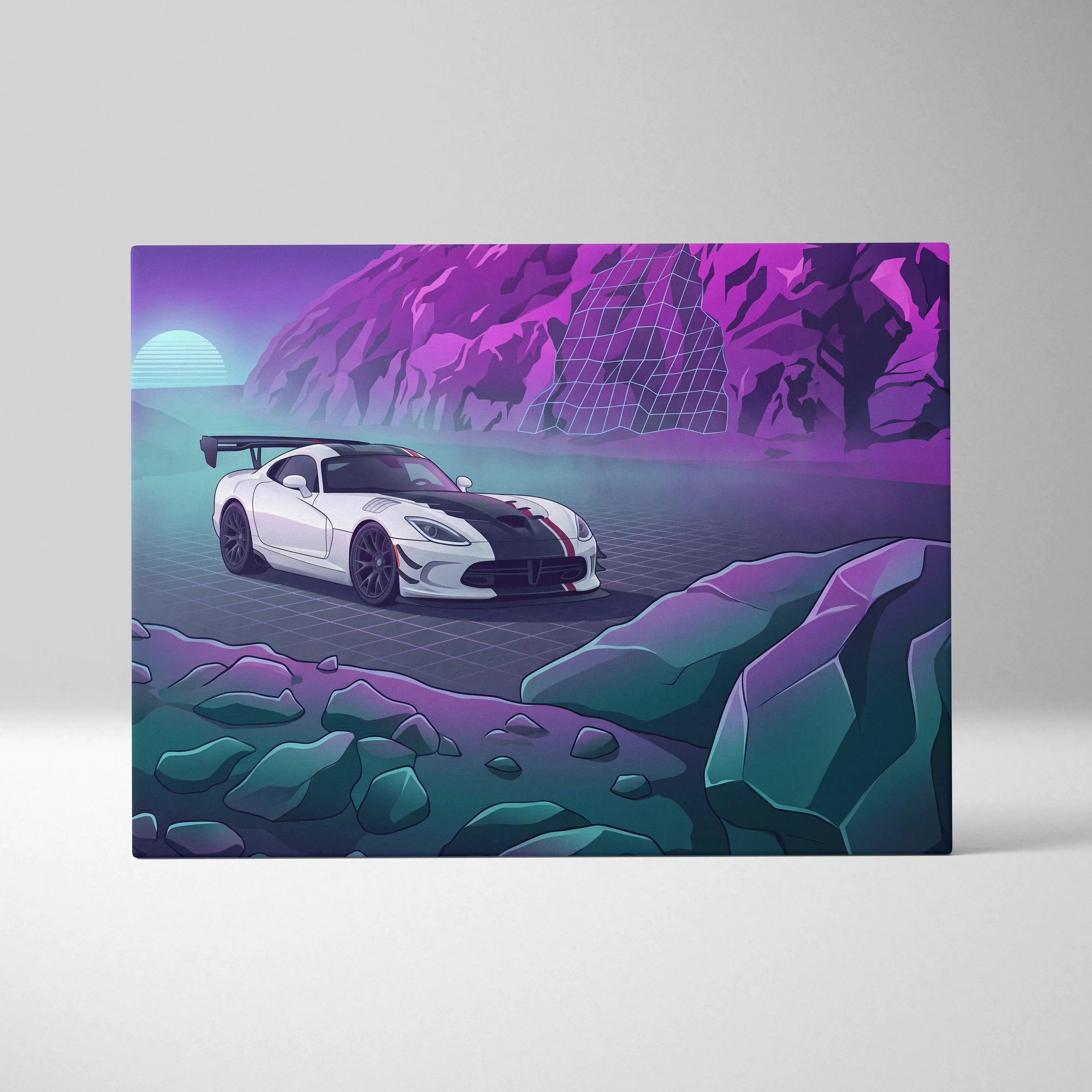 Dodge Viper ACR Inspired White Purple Canvas Wall Art, Vaporwave Track Car Artwork, Neon Mountain Garage Decor, Retro Futuristic Motorsport Print