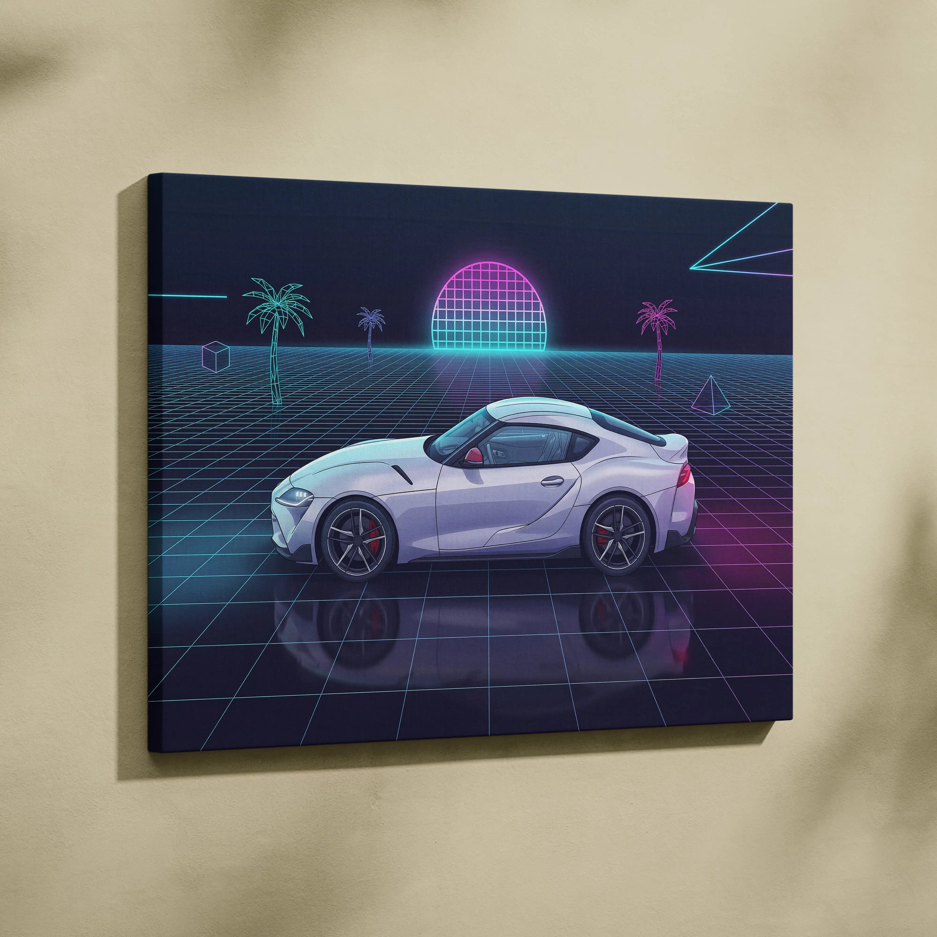 Toyota GR Supra Inspired White Purple Canvas Wall Art Vaporwave Sports Car Artwork Neon Grid Garage Decor Retro Futuristic JDM Sunset Print