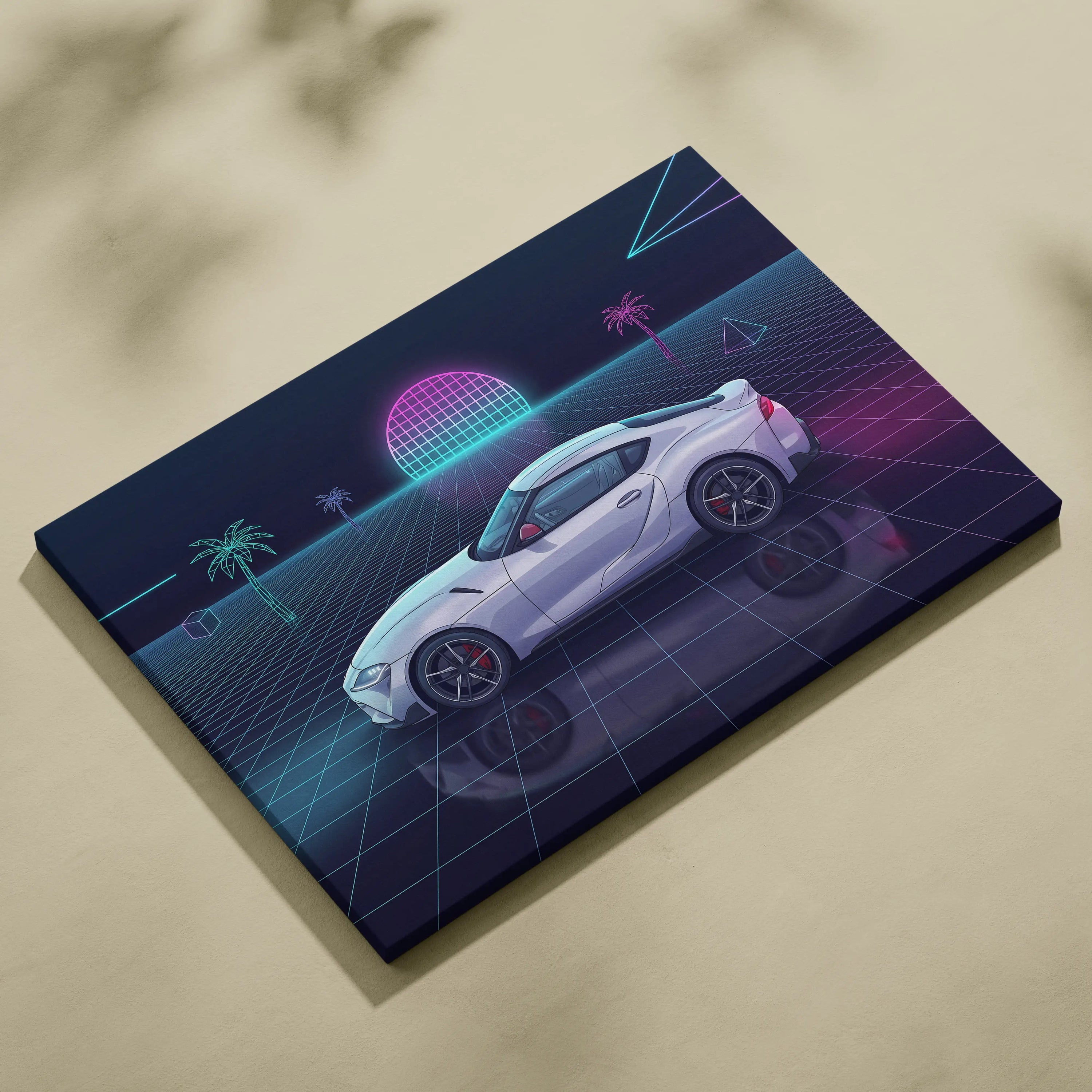 Toyota GR Supra Inspired White Purple Canvas Wall Art Vaporwave Sports Car Artwork Neon Grid Garage Decor Retro Futuristic JDM Sunset Print