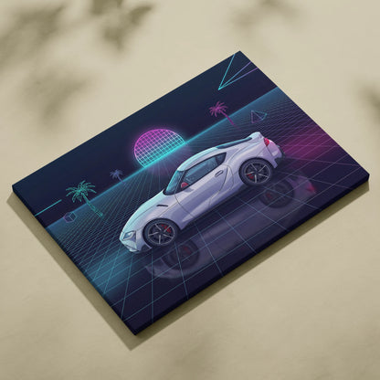 Toyota GR Supra Inspired White Purple Canvas Wall Art Vaporwave Sports Car Artwork Neon Grid Garage Decor Retro Futuristic JDM Sunset Print