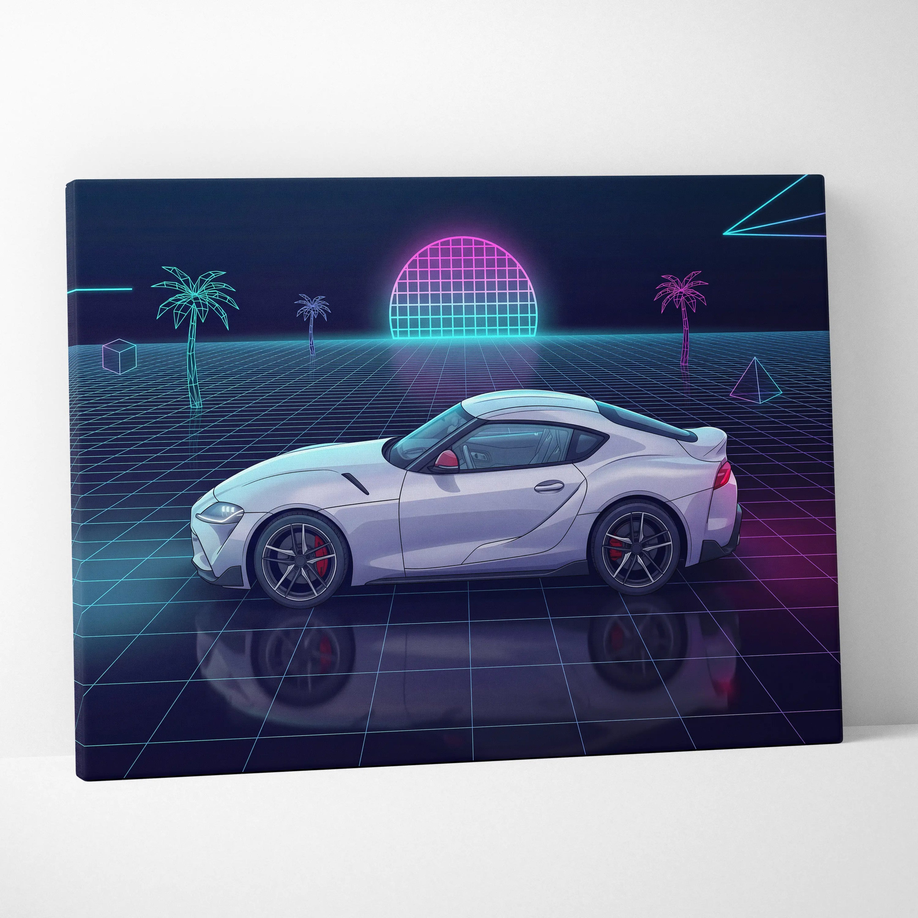 Toyota GR Supra Inspired White Purple Canvas Wall Art Vaporwave Sports Car Artwork Neon Grid Garage Decor Retro Futuristic JDM Sunset Print
