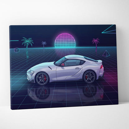 Toyota GR Supra Inspired White Purple Canvas Wall Art Vaporwave Sports Car Artwork Neon Grid Garage Decor Retro Futuristic JDM Sunset Print