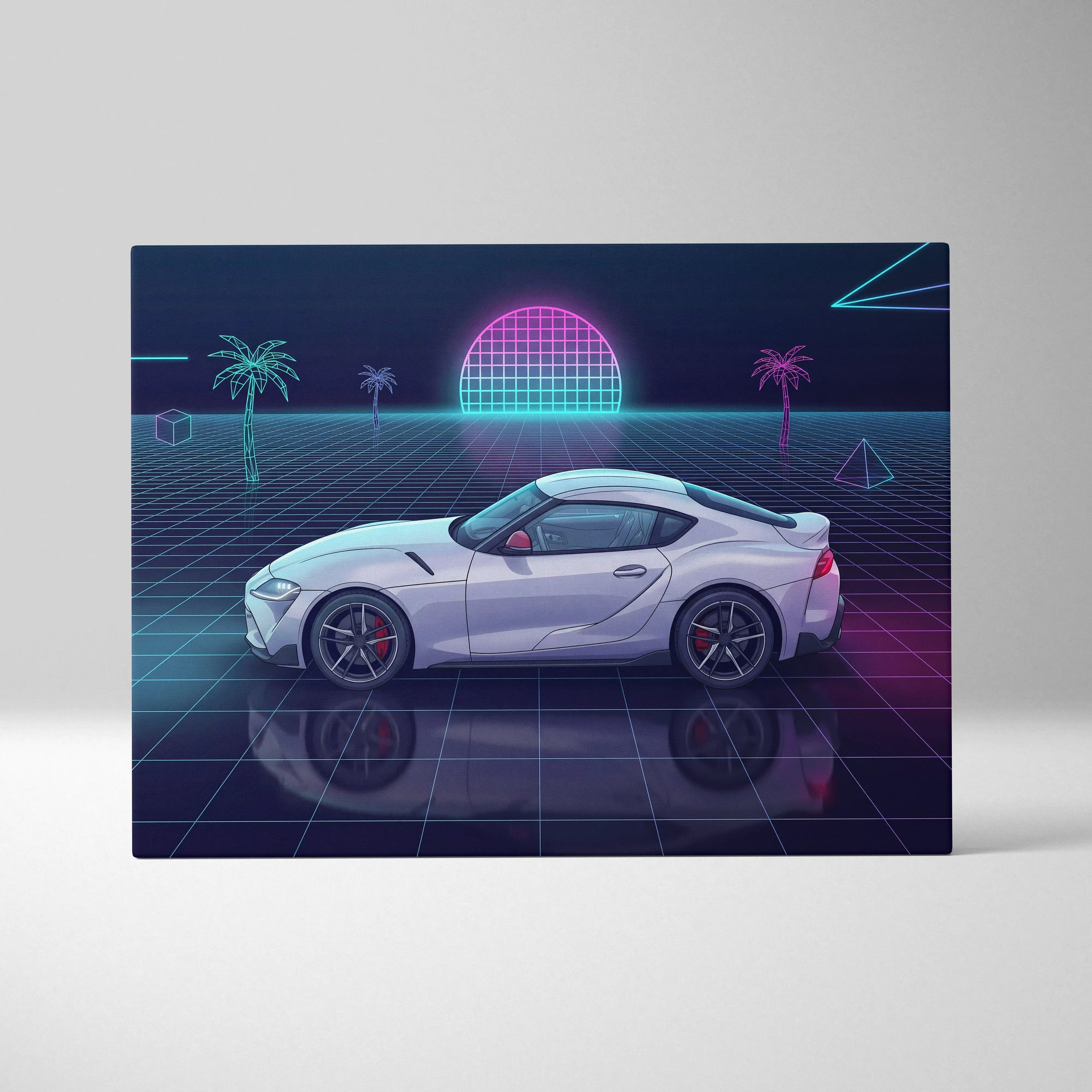 Toyota GR Supra Inspired White Purple Canvas Wall Art Vaporwave Sports Car Artwork Neon Grid Garage Decor Retro Futuristic JDM Sunset Print