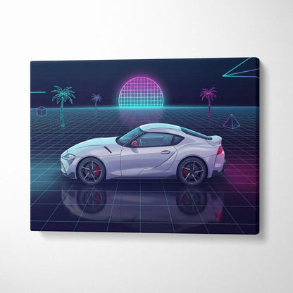 Toyota GR Supra Inspired White Purple Canvas Wall Art Vaporwave Sports Car Artwork Neon Grid Garage Decor Retro Futuristic JDM Sunset Print