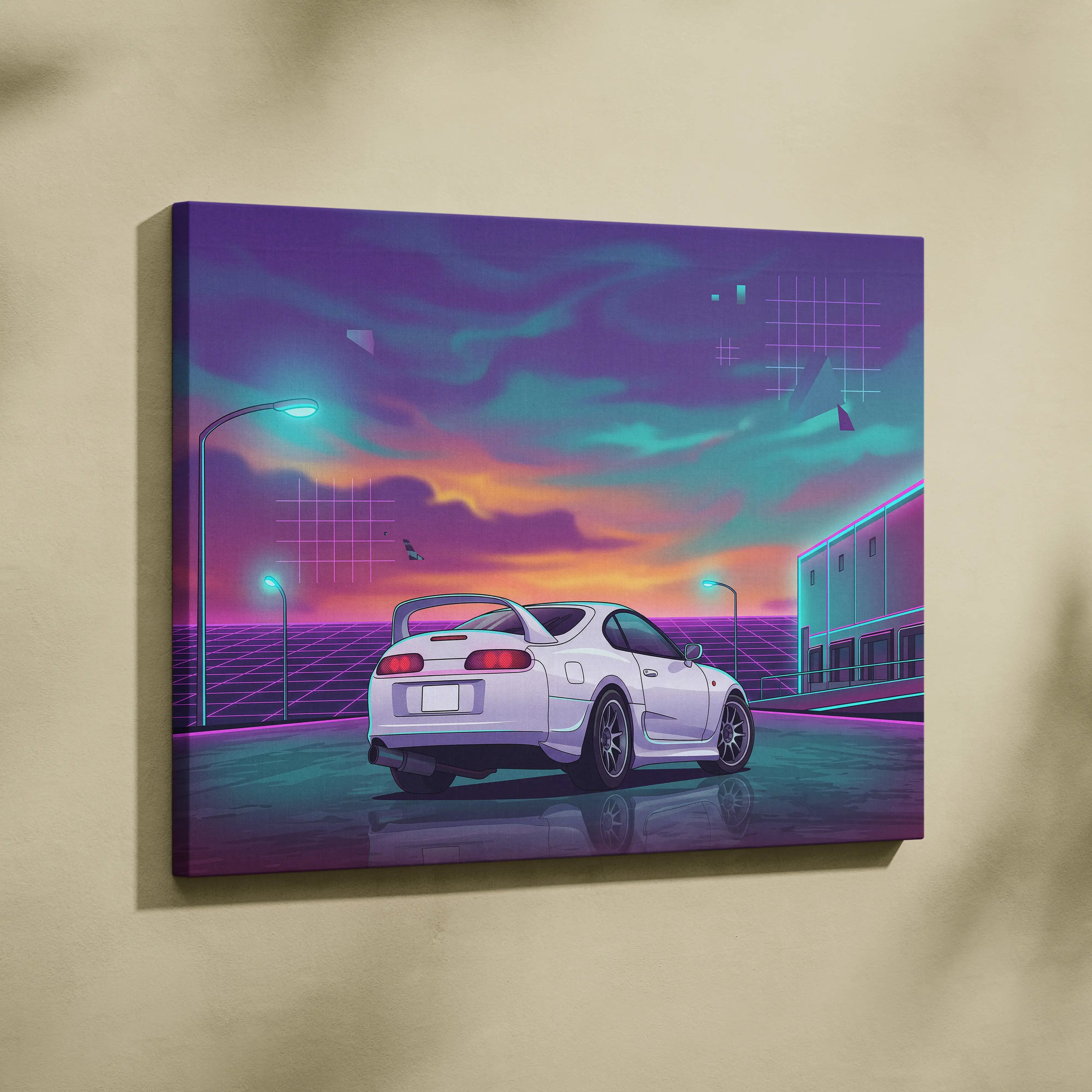 Toyota Supra MK4 Inspired White Purple Canvas Wall Art Vaporwave JDM Sports Car Artwork Neon Sunset Garage Decor Retro Futuristic Night Print