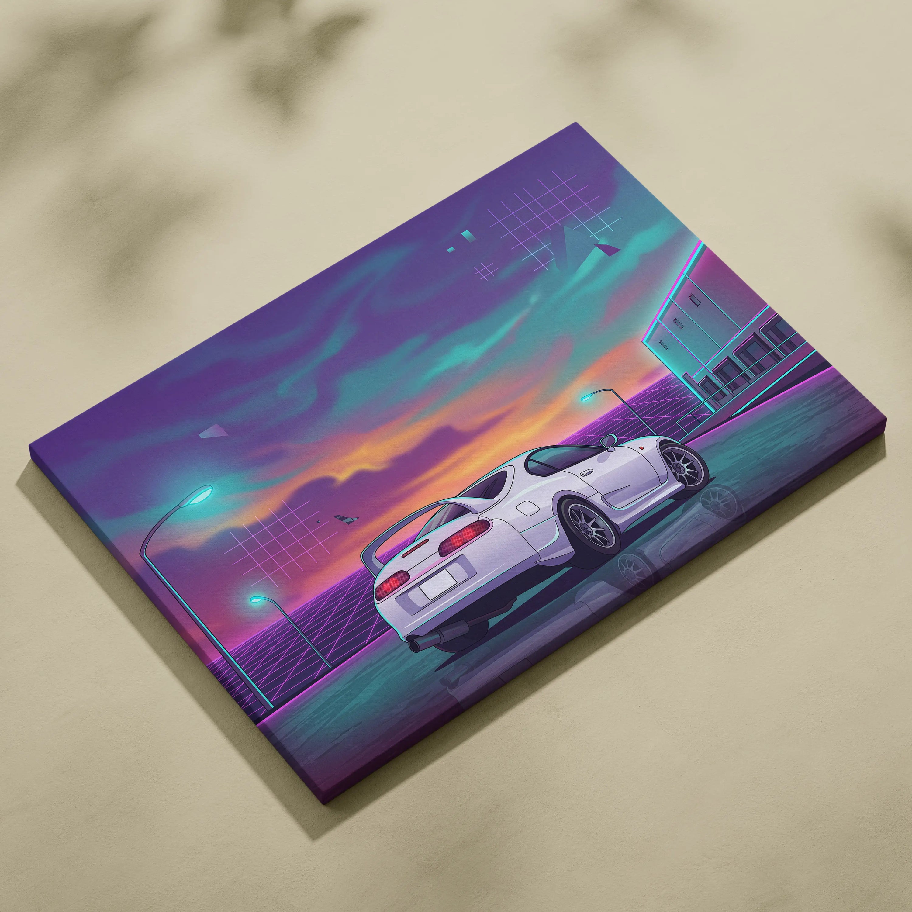 Toyota Supra MK4 Inspired White Purple Canvas Wall Art Vaporwave JDM Sports Car Artwork Neon Sunset Garage Decor Retro Futuristic Night Print