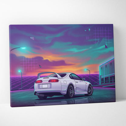 Toyota Supra MK4 Inspired White Purple Canvas Wall Art Vaporwave JDM Sports Car Artwork Neon Sunset Garage Decor Retro Futuristic Night Print