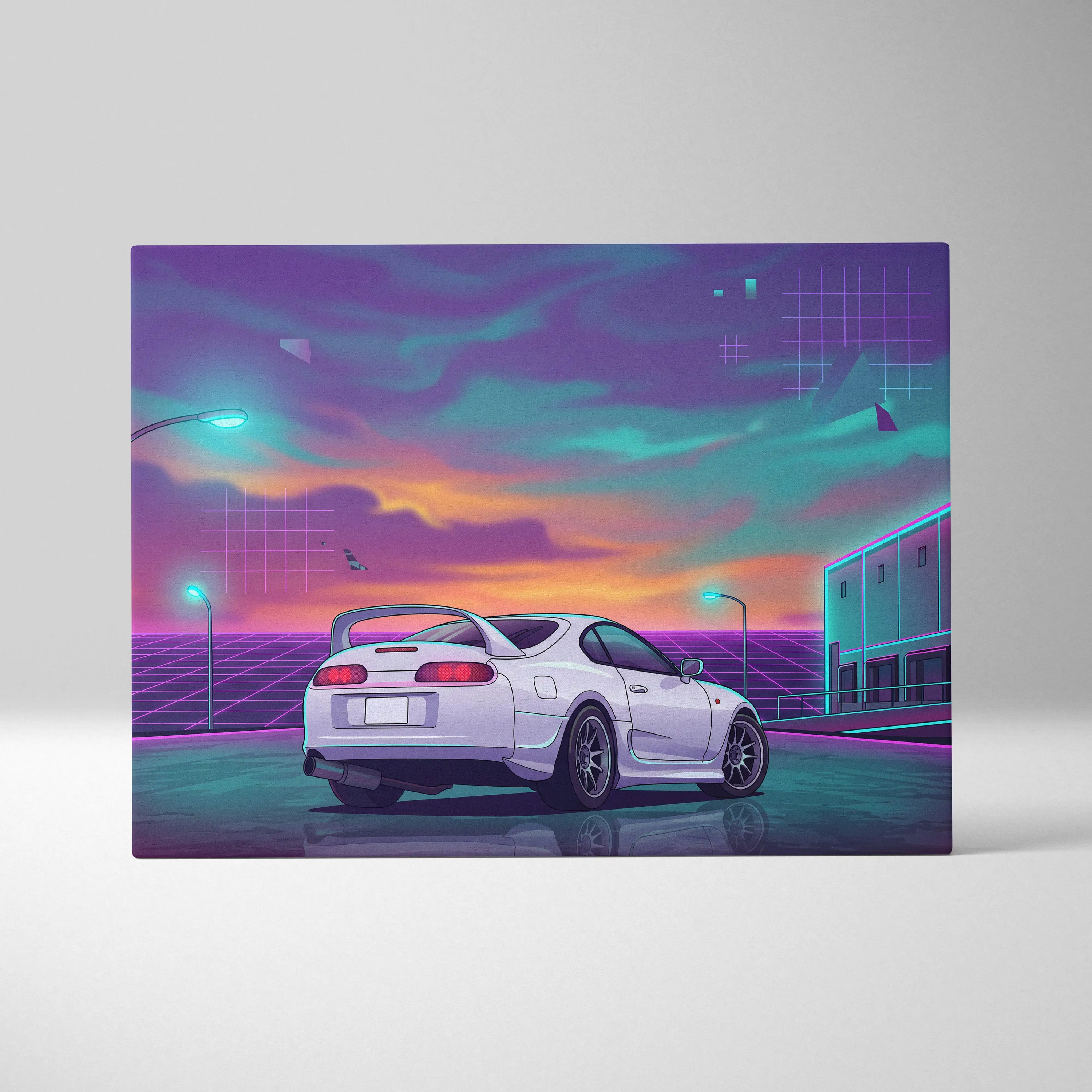 Toyota Supra MK4 Inspired White Purple Canvas Wall Art Vaporwave JDM Sports Car Artwork Neon Sunset Garage Decor Retro Futuristic Night Print