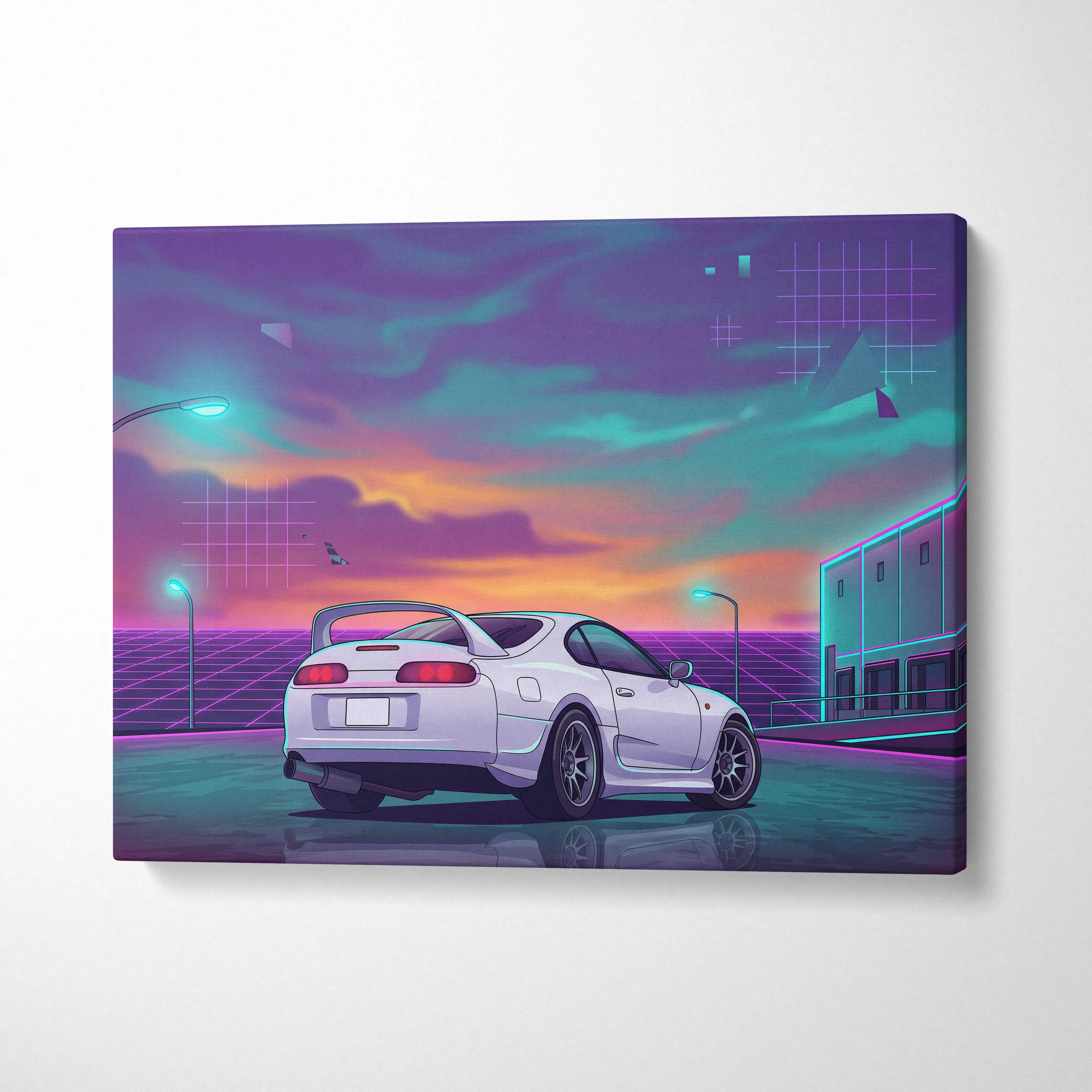 Toyota Supra MK4 Inspired White Purple Canvas Wall Art Vaporwave JDM Sports Car Artwork Neon Sunset Garage Decor Retro Futuristic Night Print