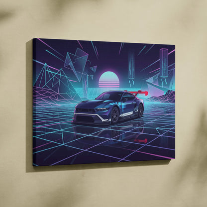 Ford Mustang GTD Inspired Blue Purple Canvas Wall Art Vaporwave Race Car Artwork Neon Grid Garage Decor Retro Futuristic Motorsport Print