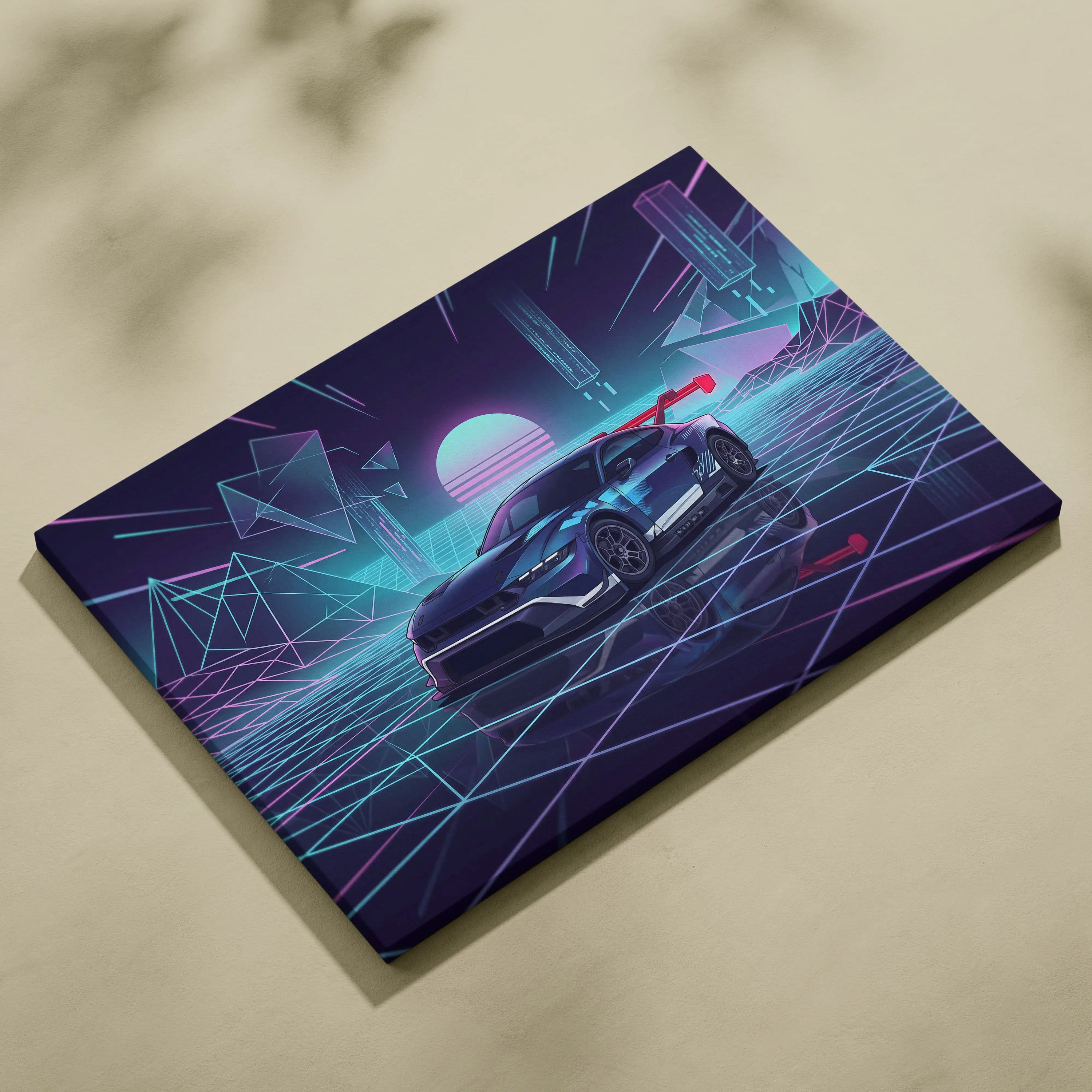 Ford Mustang GTD Inspired Blue Purple Canvas Wall Art Vaporwave Race Car Artwork Neon Grid Garage Decor Retro Futuristic Motorsport Print