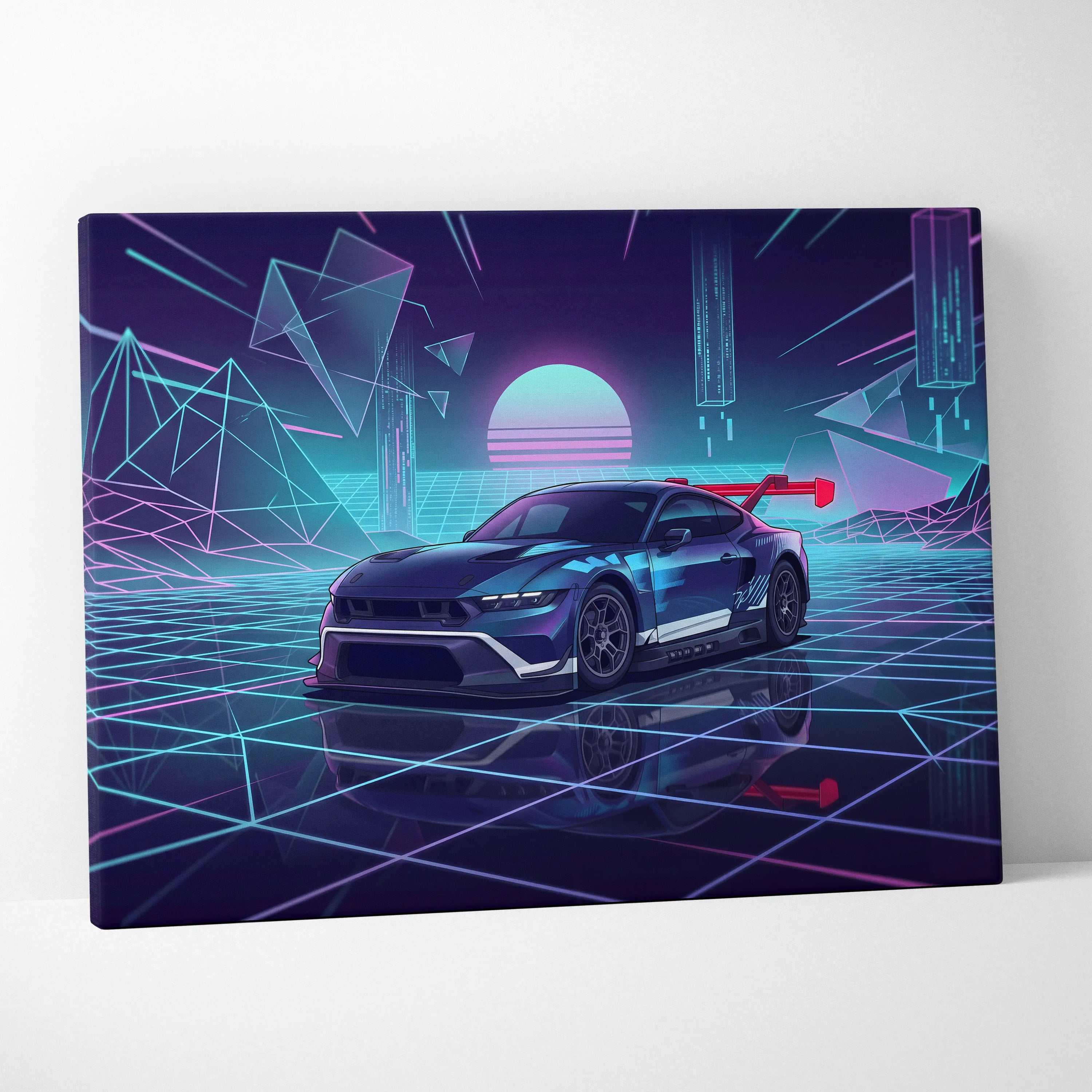 Ford Mustang GTD Inspired Blue Purple Canvas Wall Art Vaporwave Race Car Artwork Neon Grid Garage Decor Retro Futuristic Motorsport Print