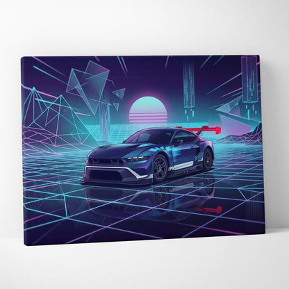 Ford Mustang GTD Inspired Blue Purple Canvas Wall Art Vaporwave Race Car Artwork Neon Grid Garage Decor Retro Futuristic Motorsport Print