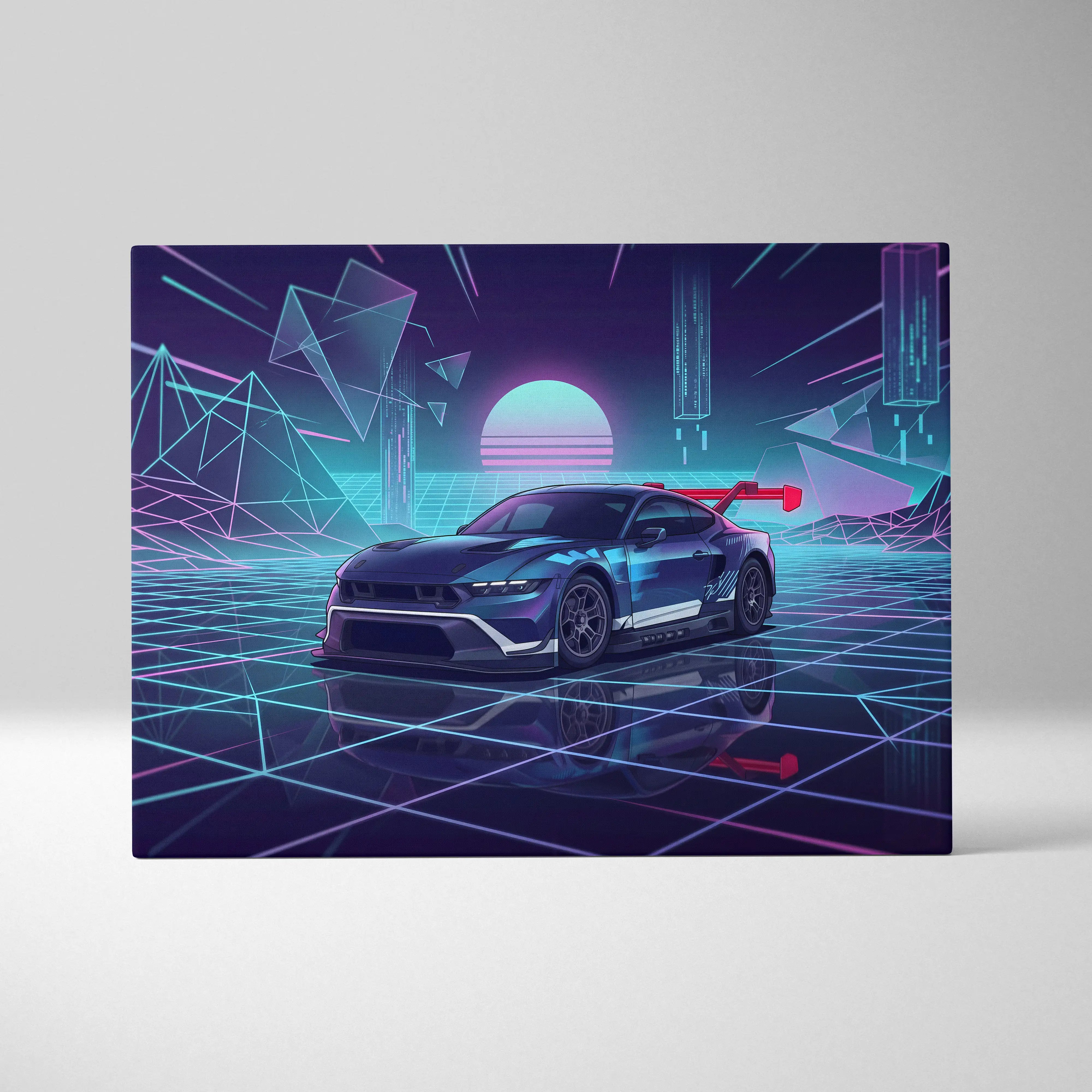 Ford Mustang GTD Inspired Blue Purple Canvas Wall Art Vaporwave Race Car Artwork Neon Grid Garage Decor Retro Futuristic Motorsport Print