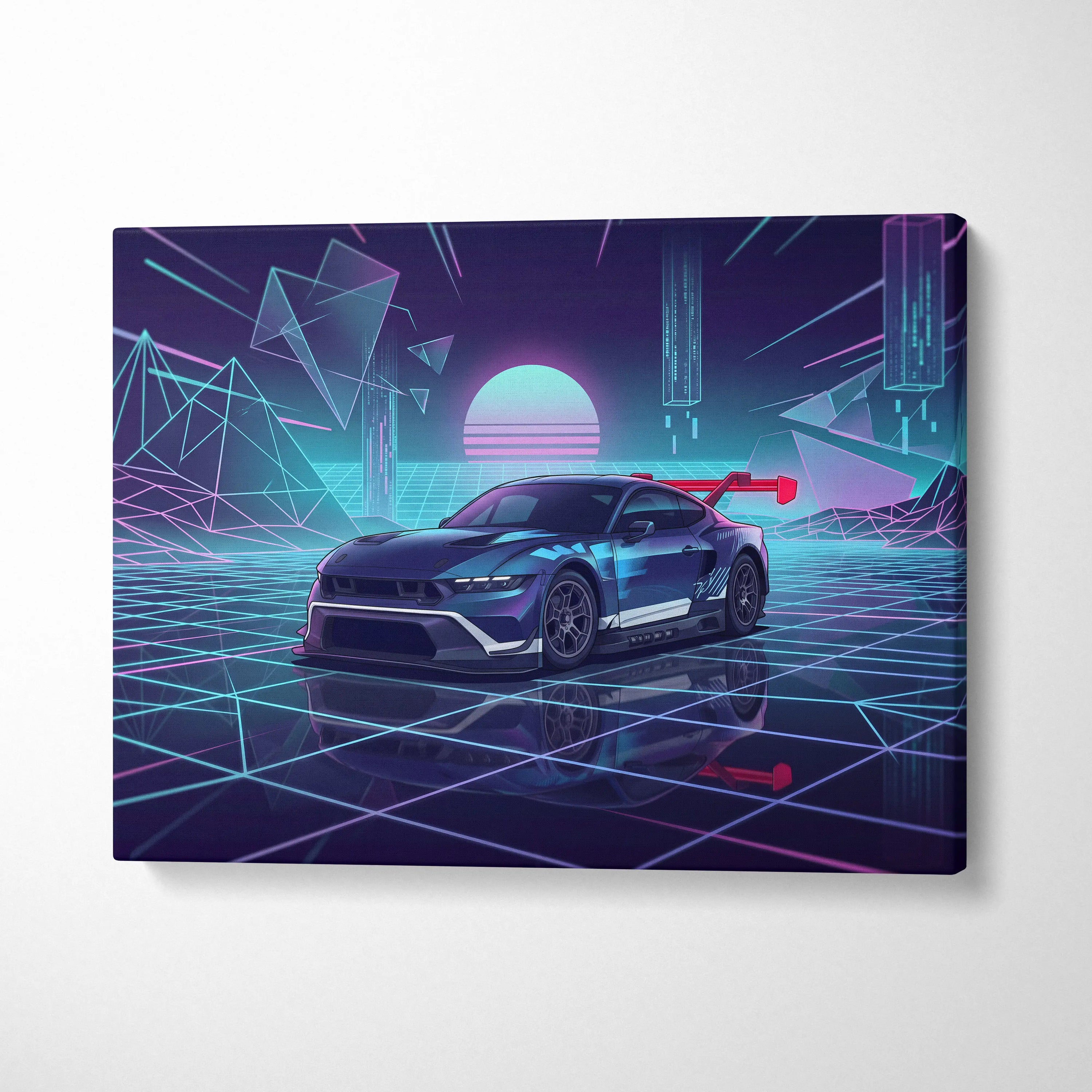 Ford Mustang GTD Inspired Blue Purple Canvas Wall Art Vaporwave Race Car Artwork Neon Grid Garage Decor Retro Futuristic Motorsport Print