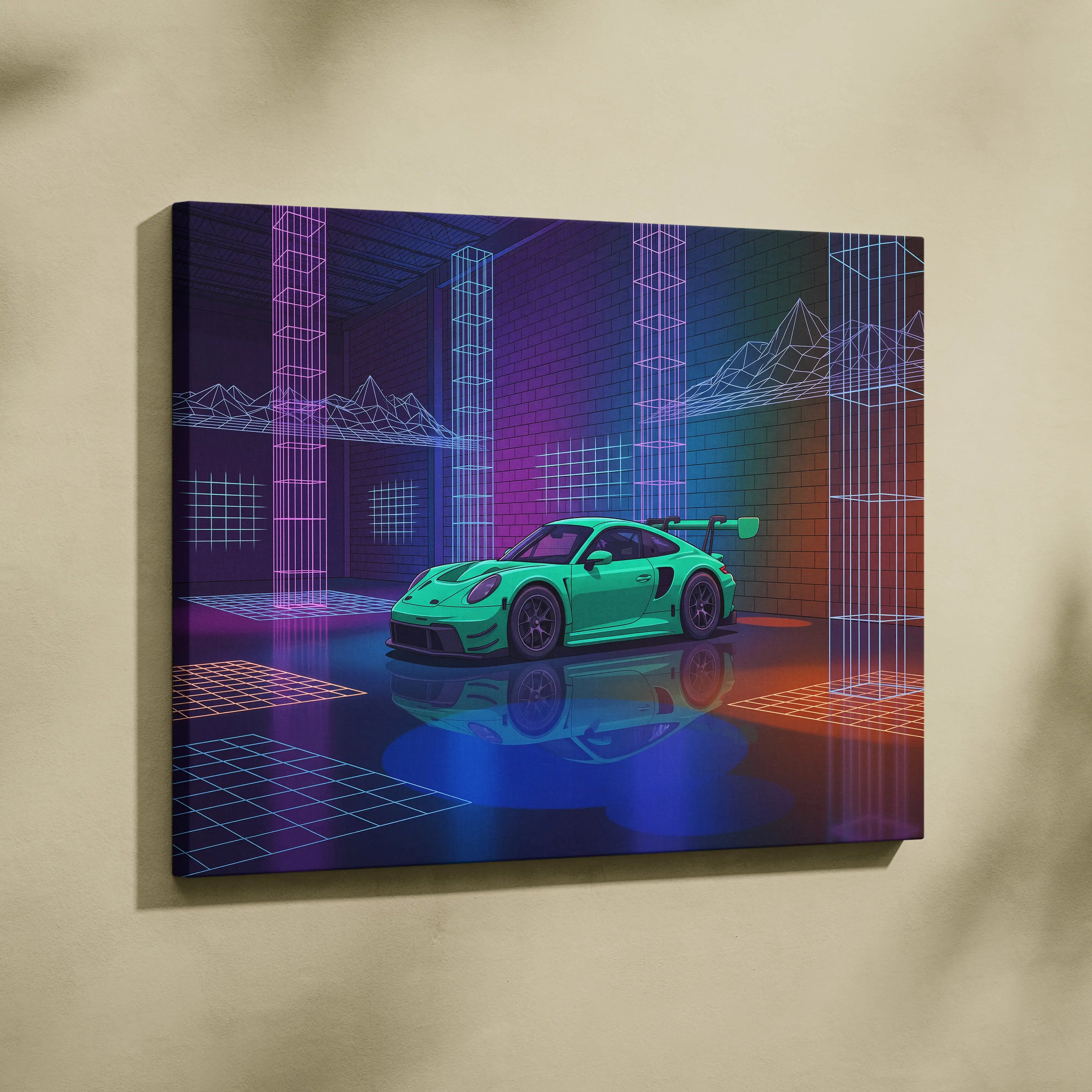 Porsche 911 GT3 RS Inspired Green Purple Canvas Wall Art Vaporwave Neon City Car Artwork, Cyberpunk Garage Decor