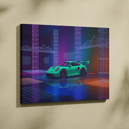 Porsche 911 GT3 RS Inspired Green Purple Canvas Wall Art Vaporwave Neon City Car Artwork, Cyberpunk Garage Decor