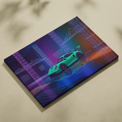 Porsche 911 GT3 RS Inspired Green Purple Canvas Wall Art Vaporwave Neon City Car Artwork, Cyberpunk Garage Decor