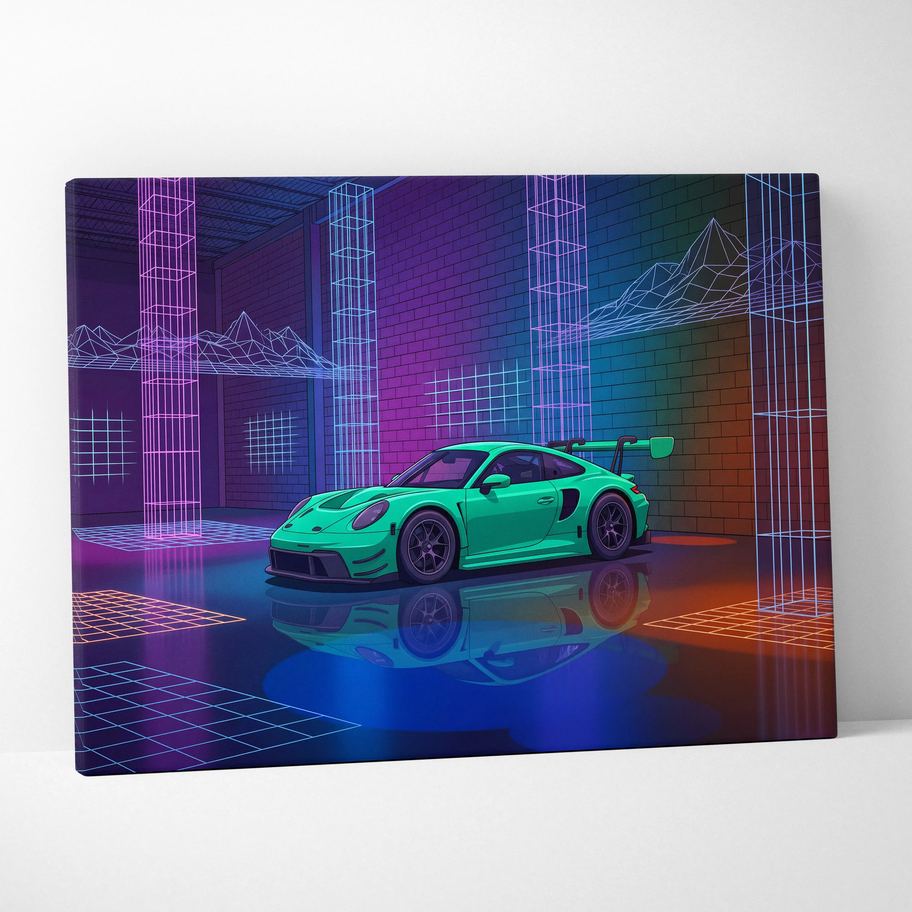 Porsche 911 GT3 RS Inspired Green Purple Canvas Wall Art Vaporwave Neon City Car Artwork, Cyberpunk Garage Decor