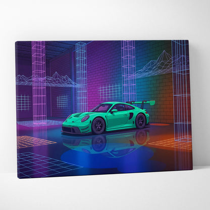 Porsche 911 GT3 RS Inspired Green Purple Canvas Wall Art Vaporwave Neon City Car Artwork, Cyberpunk Garage Decor