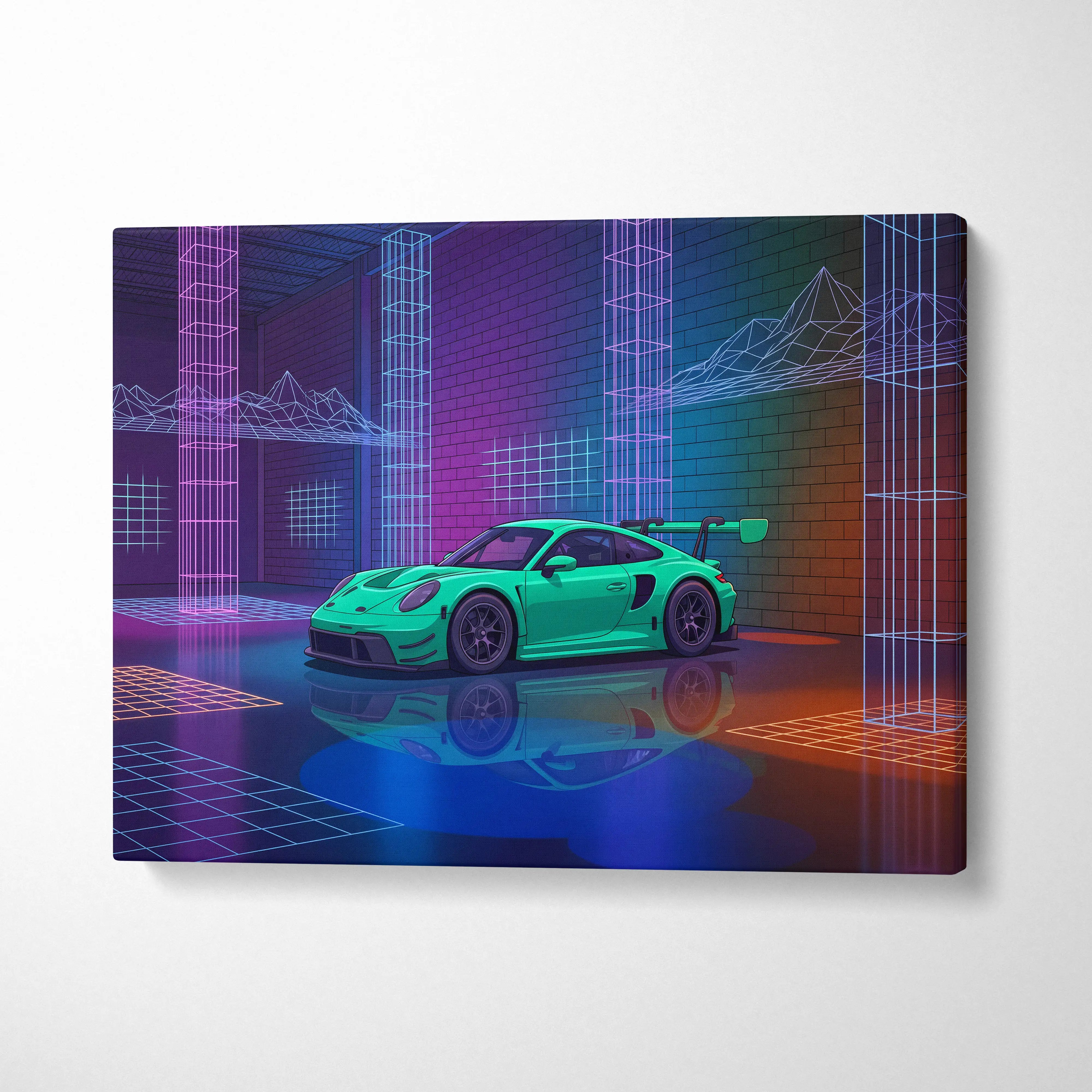 Porsche 911 GT3 RS Inspired Green Purple Canvas Wall Art Vaporwave Neon City Car Artwork, Cyberpunk Garage Decor