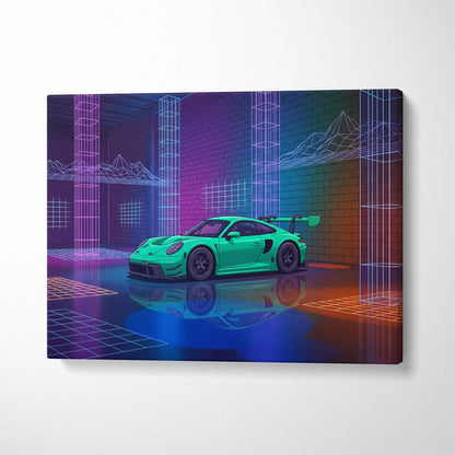 Porsche 911 GT3 RS Inspired Green Purple Canvas Wall Art Vaporwave Neon City Car Artwork, Cyberpunk Garage Decor