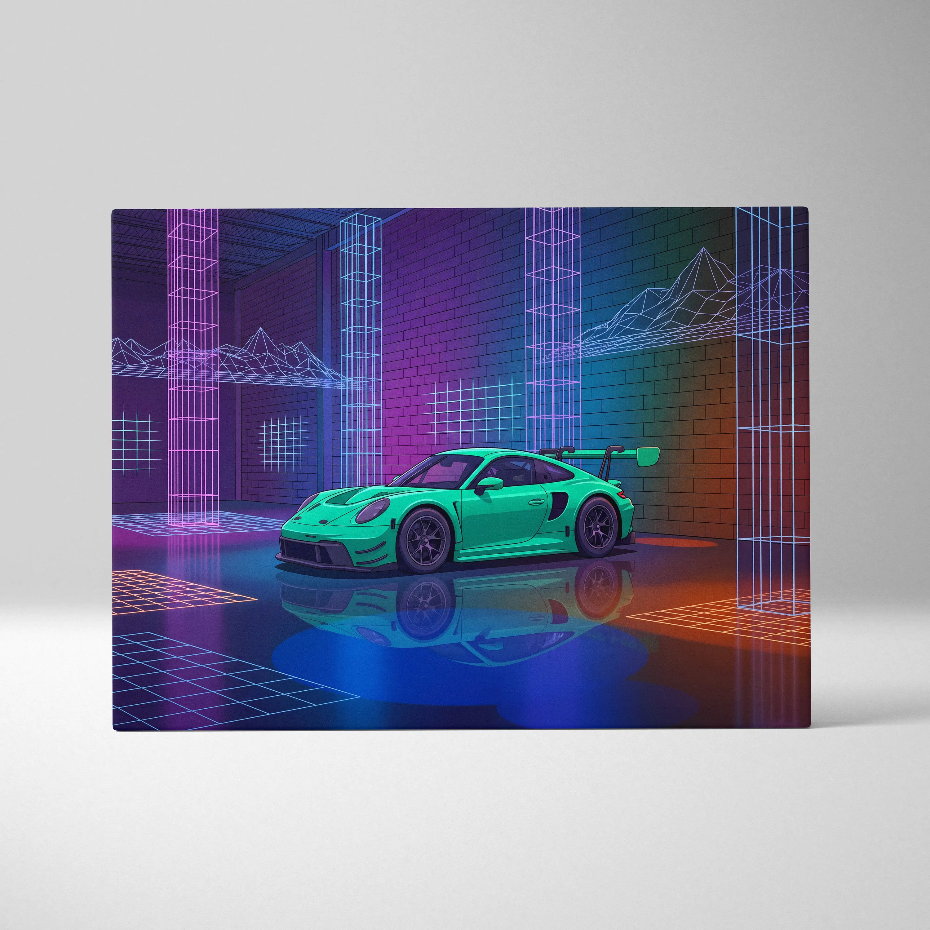 Porsche 911 GT3 RS Inspired Green Purple Canvas Wall Art Vaporwave Neon City Car Artwork, Cyberpunk Garage Decor